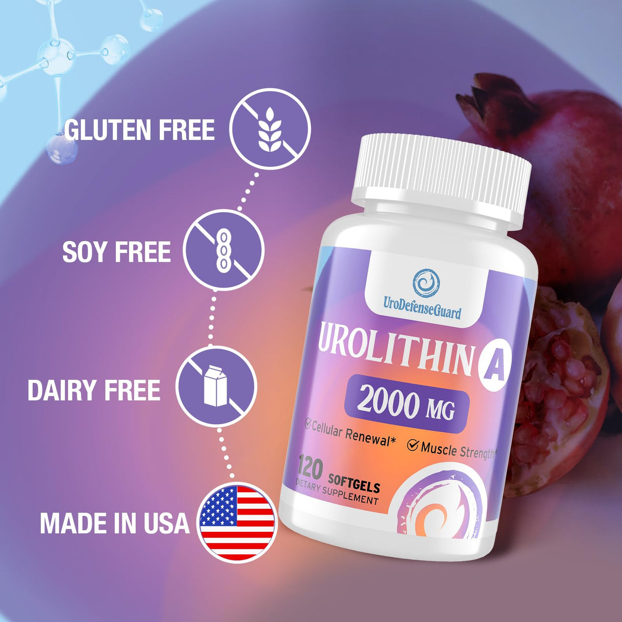 UroDefenseGuard Urolithin A Supplement 2000mg for Men Women - 120 Softgels (1 Bottle)