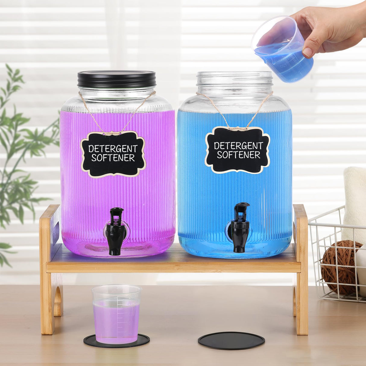 2-Pack Laundry Detergent Dispenser with Bamboo Stand,1 Gallon Laundry Soap Dispenser with Measuring Cup,Glass Laundry Detergent Containr for Laundry Room Organization and Storage