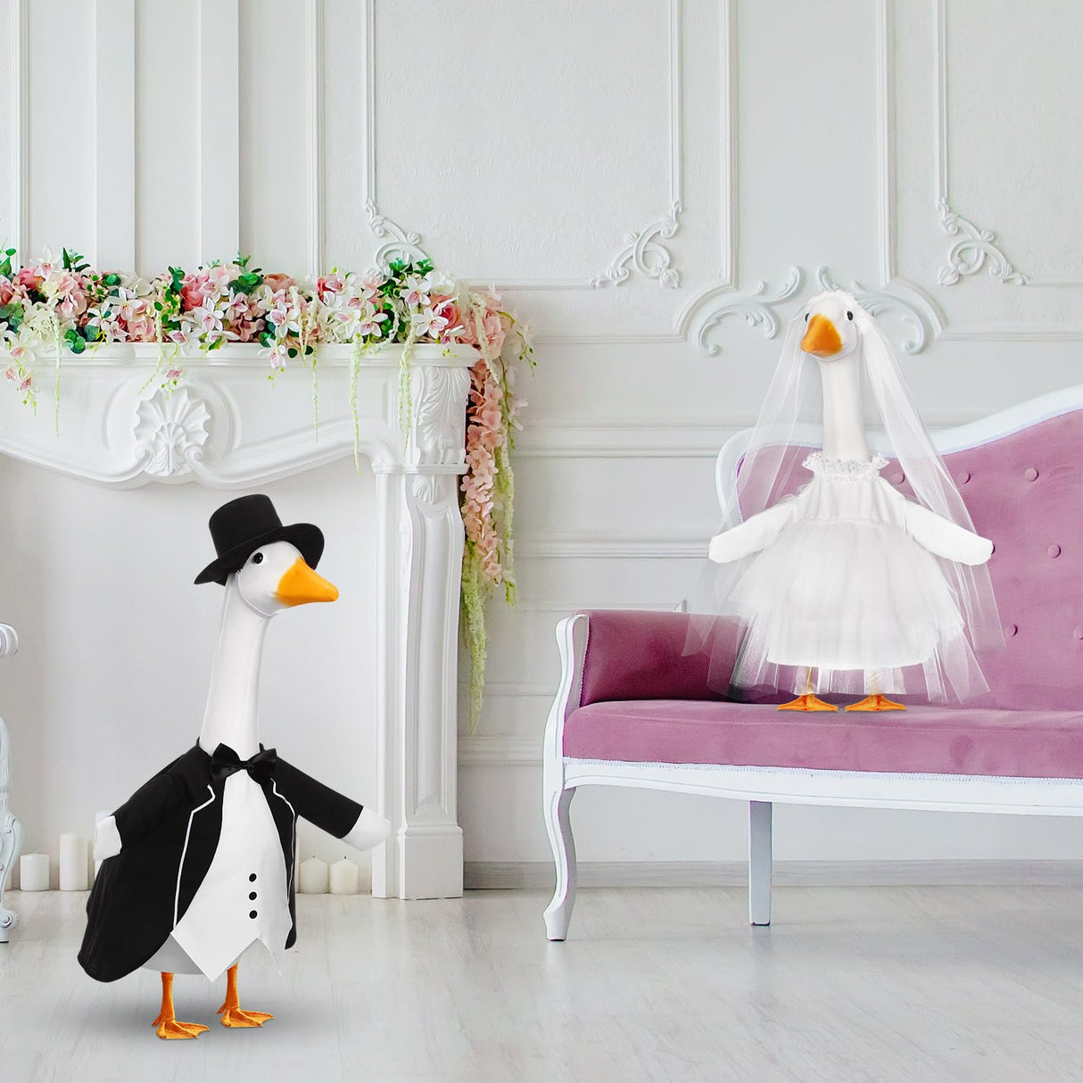 Geyoga 2 Sets Wedding Porch Goose Outfits for 23'' Goose Couple Bridegroom Suit Blazer Bride Wedding Dresses Couple Costume(Classic Style)