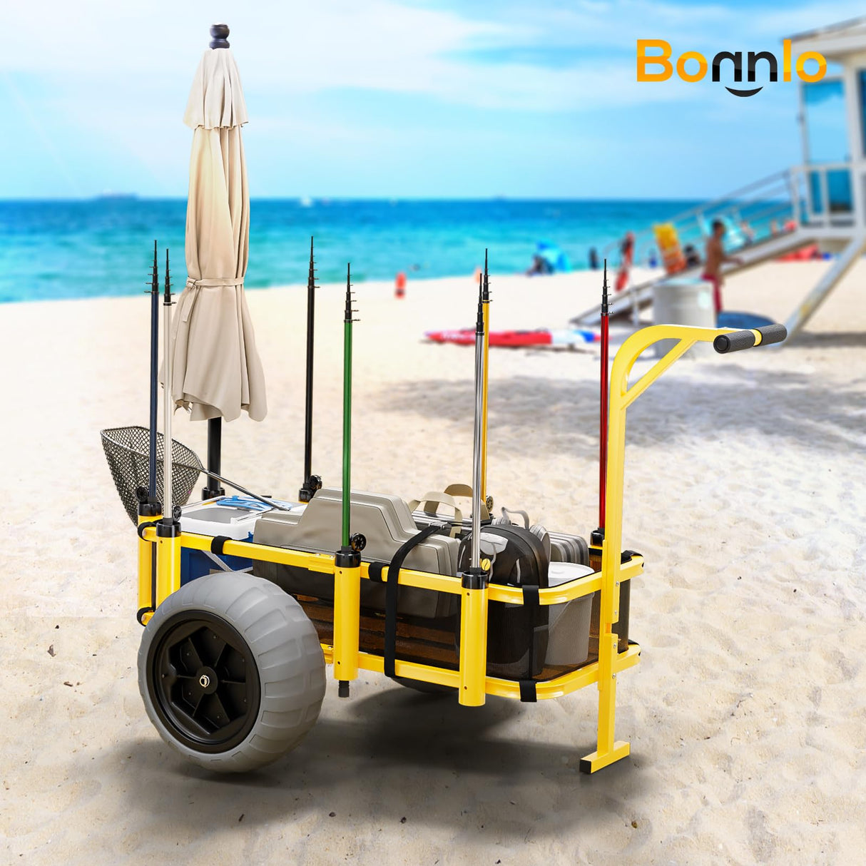 Bonnlo Beach Fishing Cart, Beach Wagon Trolley with 16" Big Balloon Wheels for Sand, Foldable Trailer with Large Cargo Deck, 400 lbs Load Capacity, 8 Fishing Rods Holders, Mesh Bag, Hand Pump