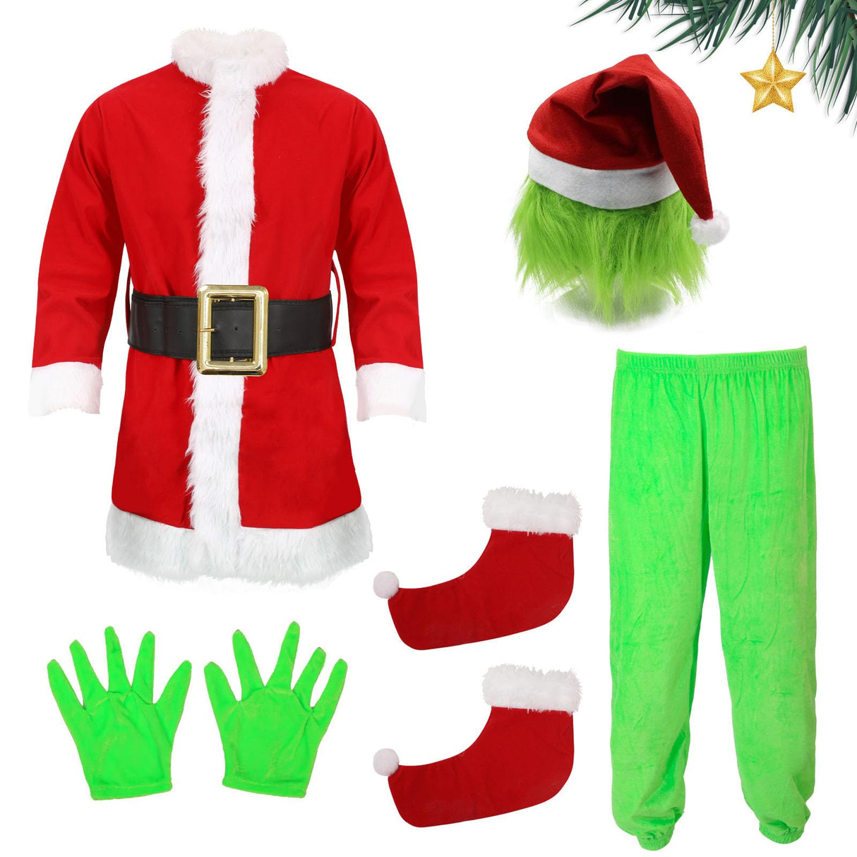 ZZXIAOJIE Green Costumes Kids 5Pcs Costume Long Sleeve Hooded Top and Pants Sets Green Monster Christmas Outfits