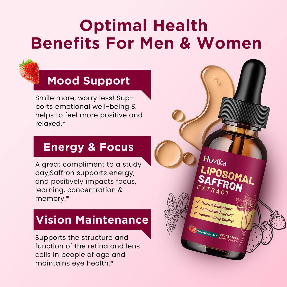 Liposomal Saffron Supplements - 88.5mg Saffron Extract Liquid Drops with L-Theanine, Chamomile, Vitamin C, B6, B12 & D3 for Antioxidant, Immune, Mood, Energy, Focus & Sleep - 2 Fl Oz Strawberry Flavor