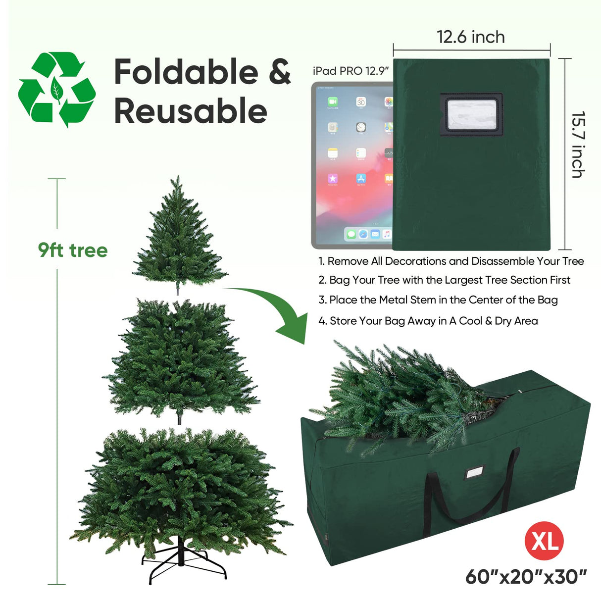 BALEINE 9 ft Christmas Tree Storage Bag, Heavy Duty Extra Large Artificial Christmas Tree Bag with Reinforced Handles and Dual Zippers Wide Opening (Green, 9 ft)