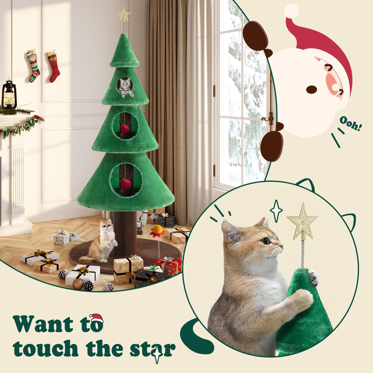 Allewie 63 Inches Cat Tree for Indoor Kitty/Tower with 3 Condos/ 5ft Christmas Tree Party Decoration/Activity Center Play House and Beds/Green