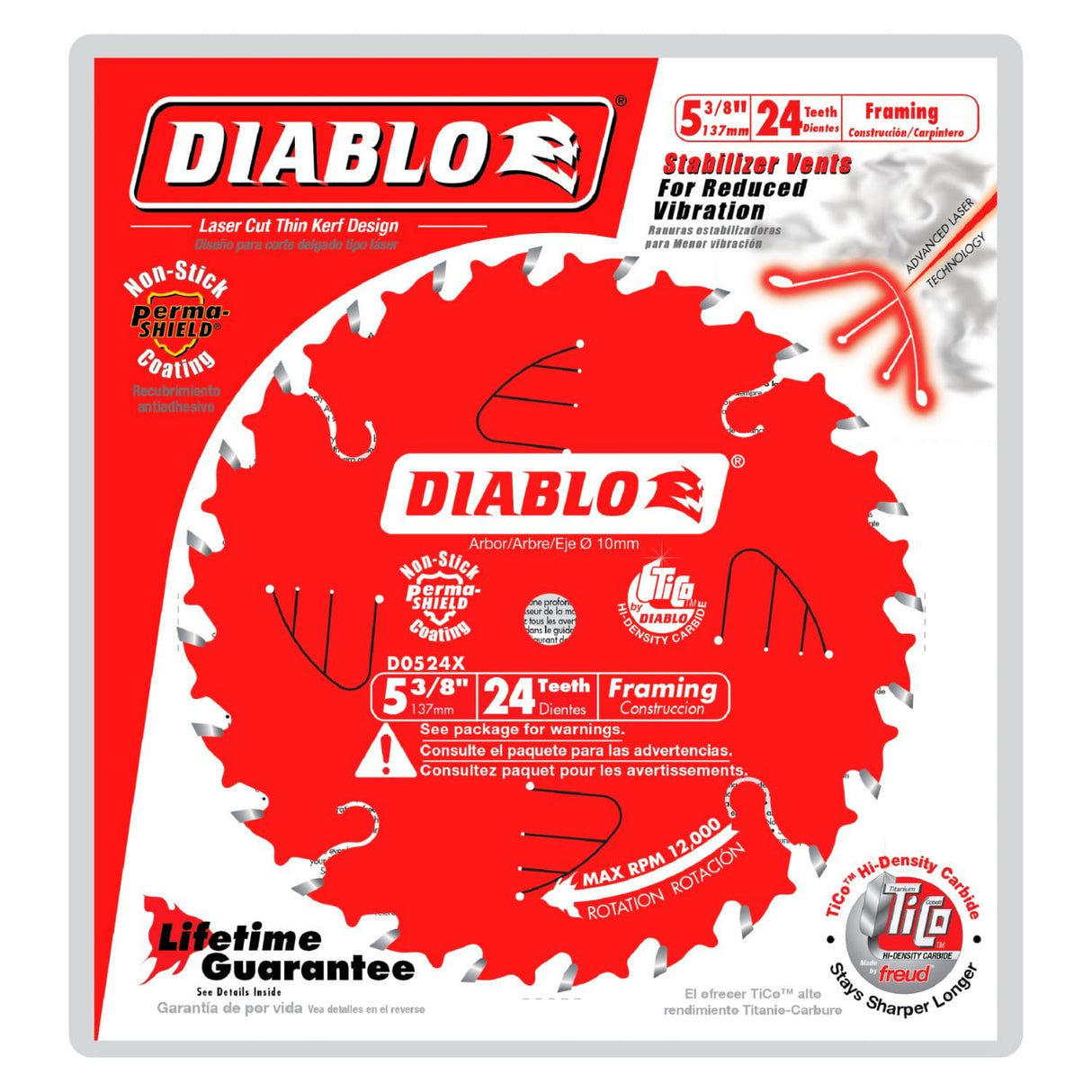 Diablo Framing Saw Blade for General Construction Applications - 5-3/8" Diameter, 24 ATB Teeth, 10mm Arbor, .049" Kerf, 18-Degree Hook Angle, .039" Plate, 12000 Max RPM - D0524X