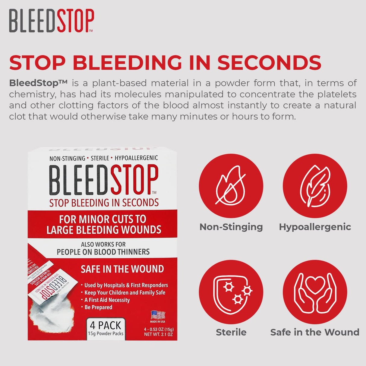 BleedStop™ First Aid Powder for Blood Clotting, Trauma Kit, Blood Thinner Patients, Camping Safety, and Survival Equipment for Moderate to Severe Bleeding Wounds or Nosebleeds (Double 4 Pack 15g)