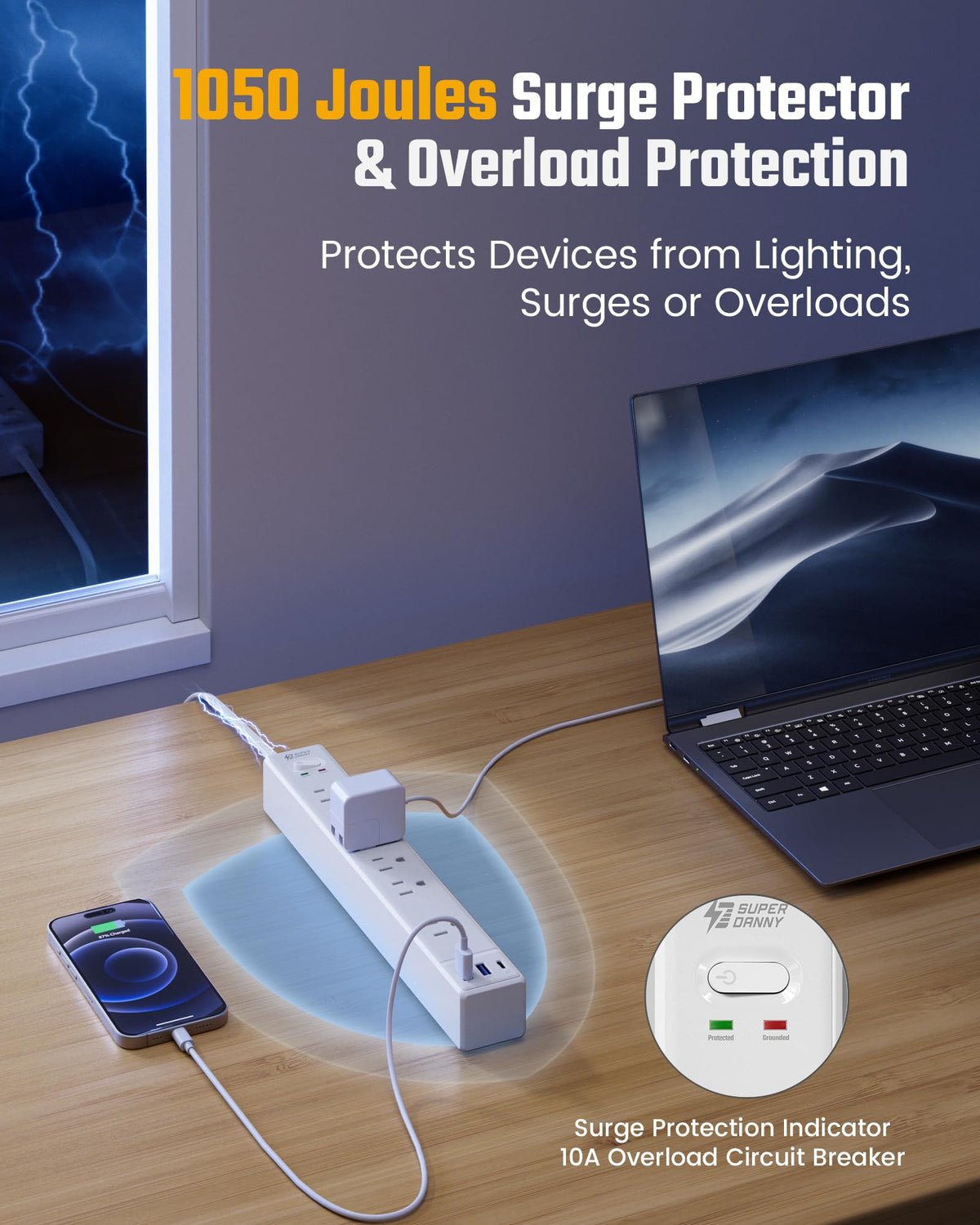 10Ft Flat Extension Cord with Multiple Outlets, Surge Protector Power Strip