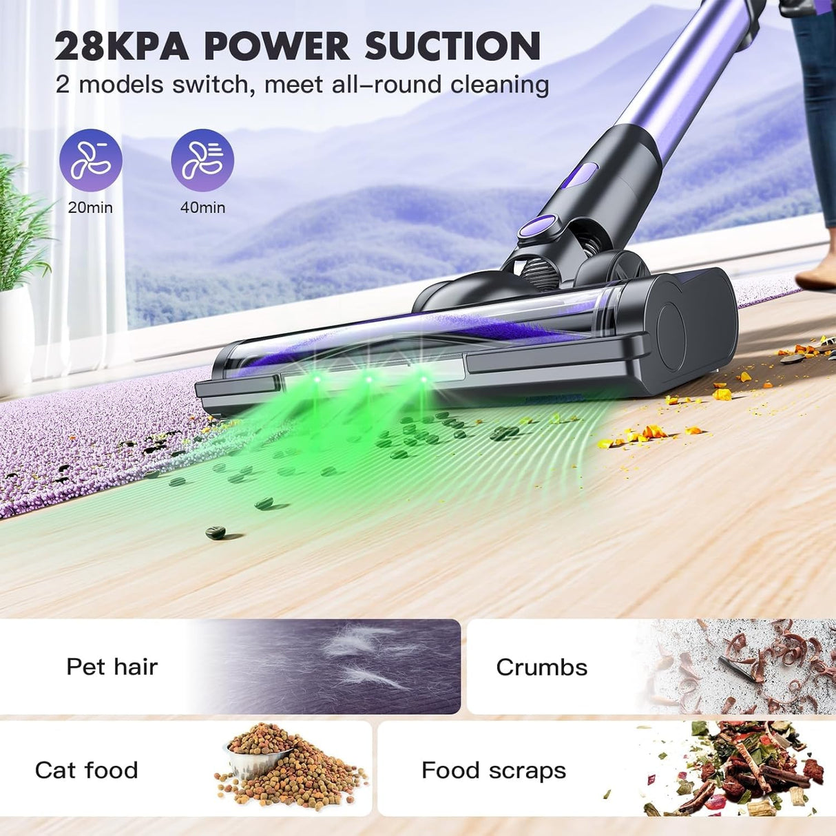 ATTELL Cordless Vacuum Cleaner,28Kpa Strong Suction,Wall Mounted Charging,Removable Battery,Green Light to Show Dust,Low Noise Handheld Vacuum Cleaner,Suitable for Carpets,Pet Hair, Hard Floors