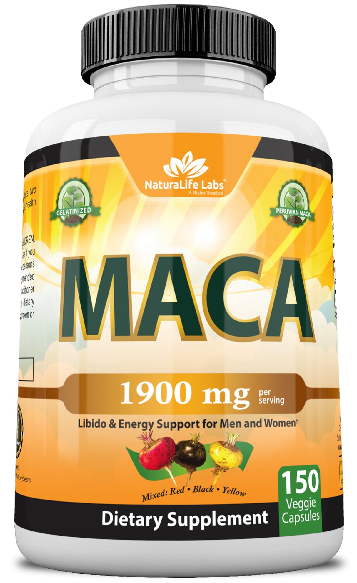 Organic Maca Root – Black, Red & Yellow – 1900 mg per Serving – 150 Vegan Capsules – Gelatinized Peruvian Maca – Non-GMO – Libido & Energy Support for Men and Women