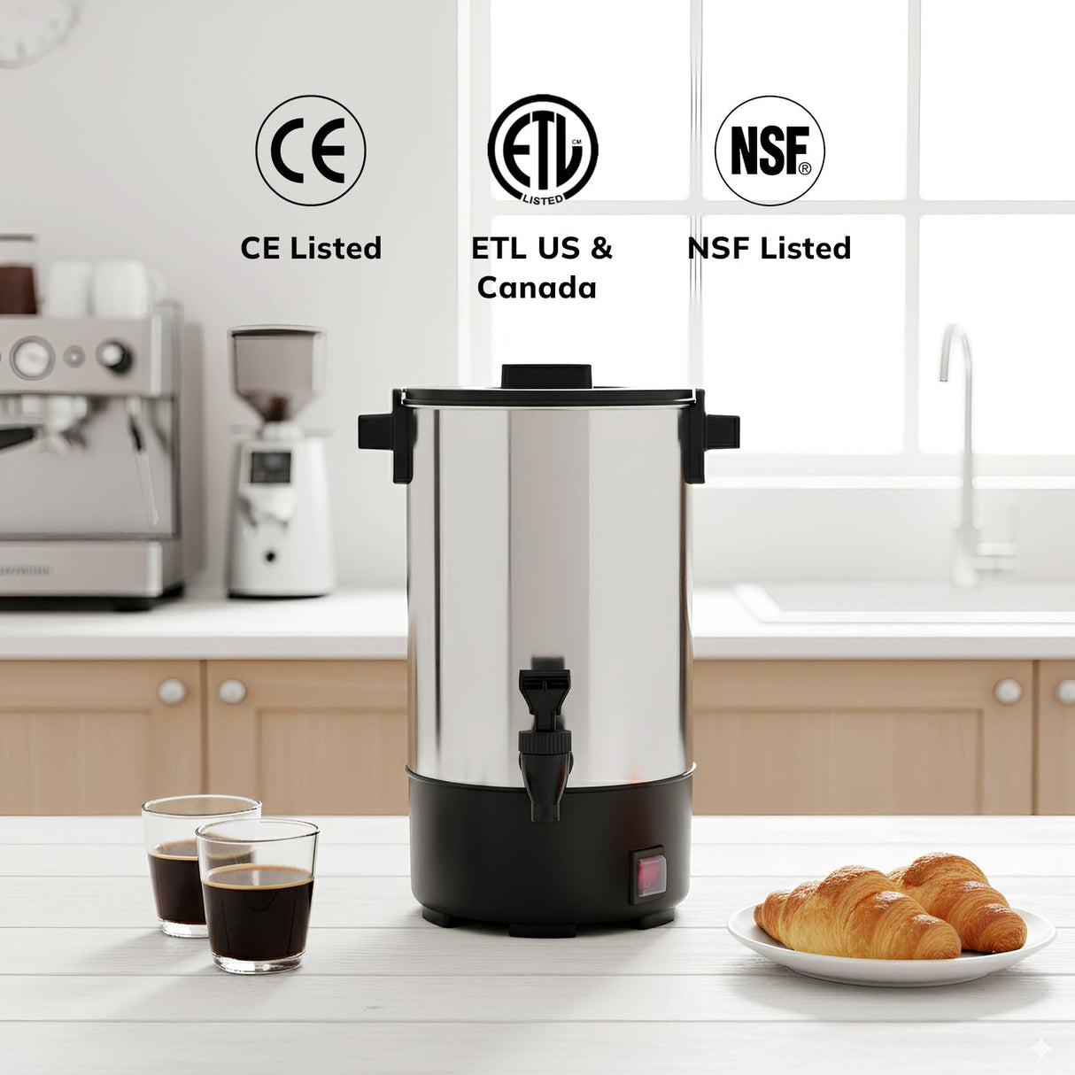 SYBO Commercial Grade Stainless Steel Percolate Coffee Maker, Hot Water Urn for Catering, Hot Beverage Dispenser, 40-Cup, 6L, Metallic