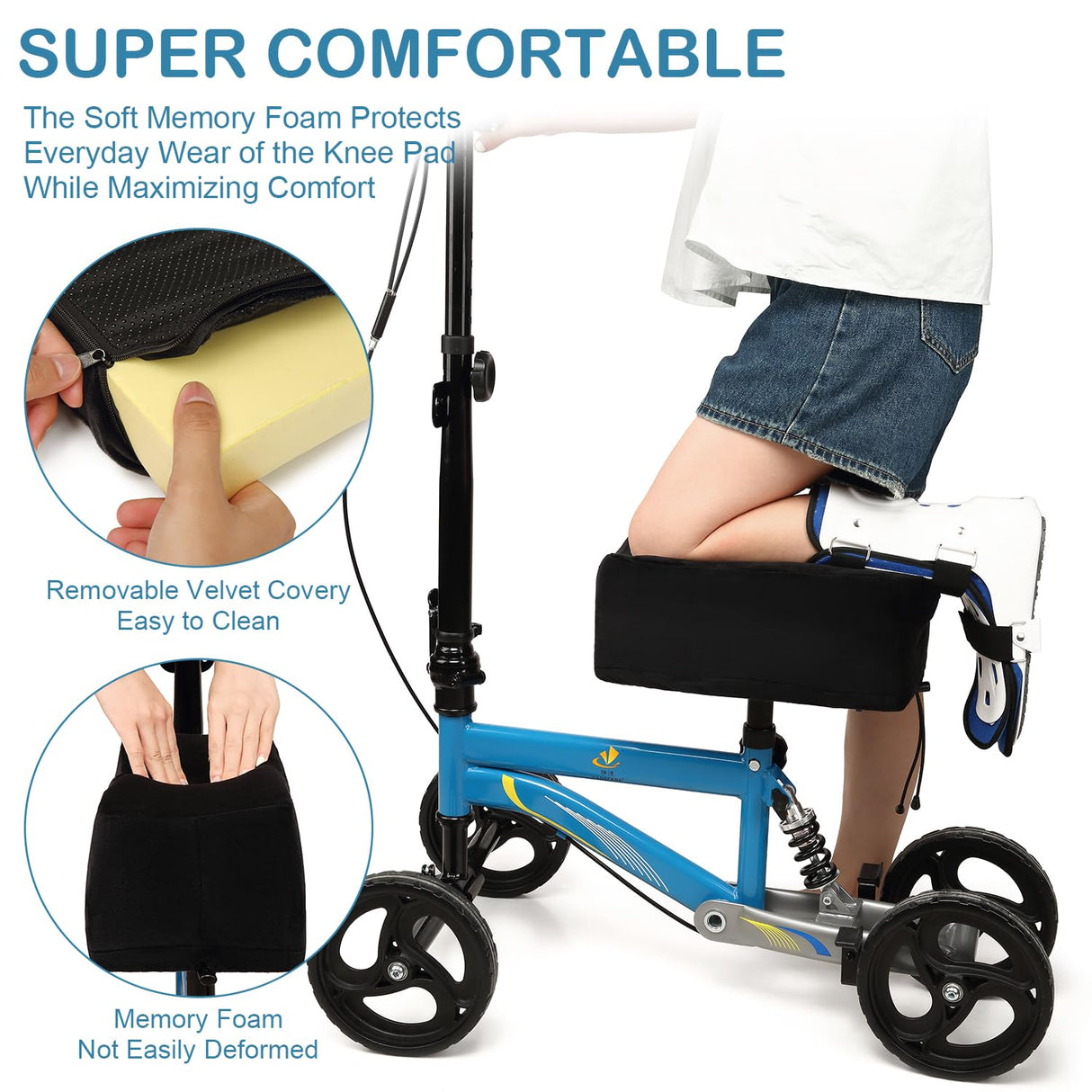 Knee Scooter Cushion Cover - Soft and Comfortable Knee Scooter Pad with Removable 2'' Thick Memory Foam Cushion, Black