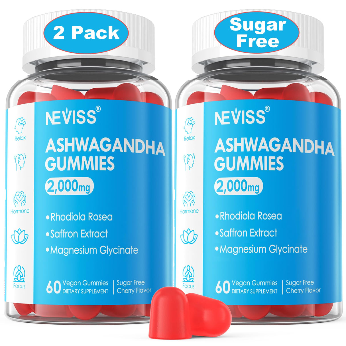 Ashwagandha Gummies, Magnesium Glycinate Gummies 200mg for Adults, Vitamin B6, Zinc, Rhodiola Rosea, Lemon Balm, Relaxation Support, Natural Zzz, Brain, Muscle, Stamina, Energy, Sugar Free