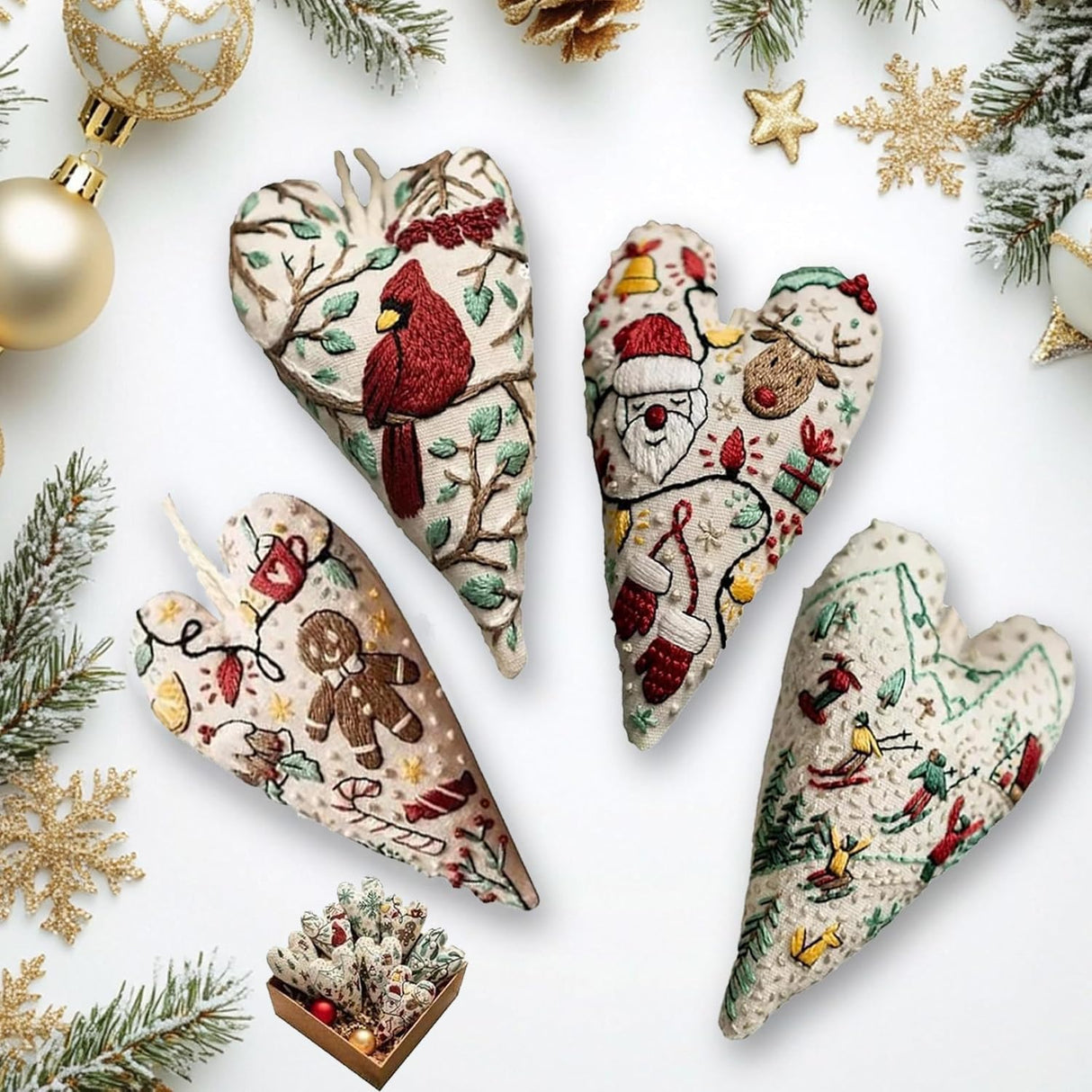 TIMLIFE DIY Heart Shaped Hand Embroidered Christmas Ornament Kit, 2026 New Embroidery Christmas Ornament Kits, Handmade Tree Decoration for Holiday Decorations, Winter Decor (4PCS)