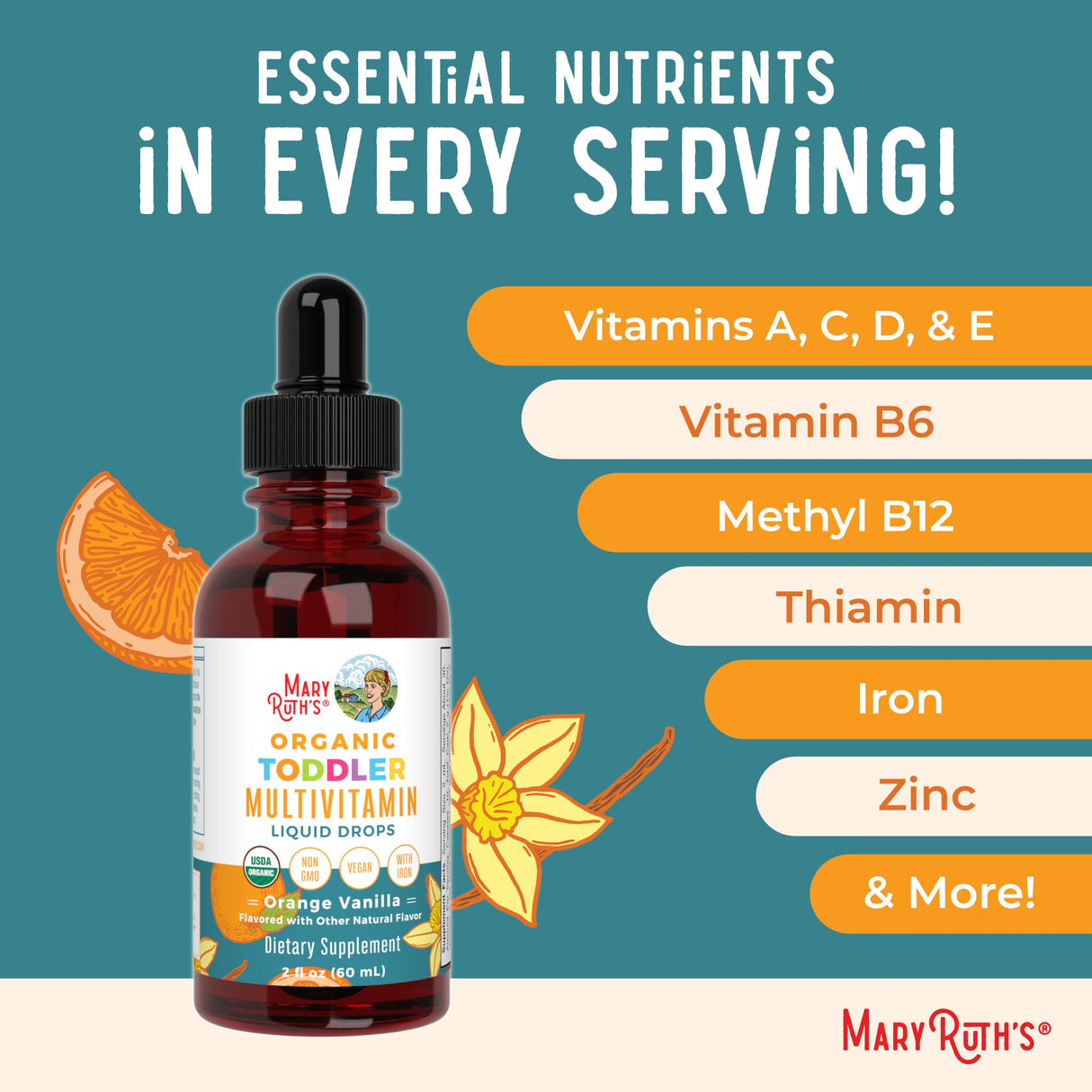 MaryRuth Organics Multivitamin & Multimineral with Iron for Toddlers | USDA Organic | Sugar Free | Multivitamin Liquid Drops for Kids Ages 1-3 | Immune Support | Vegan | Non-GMO | 2 Fl Oz