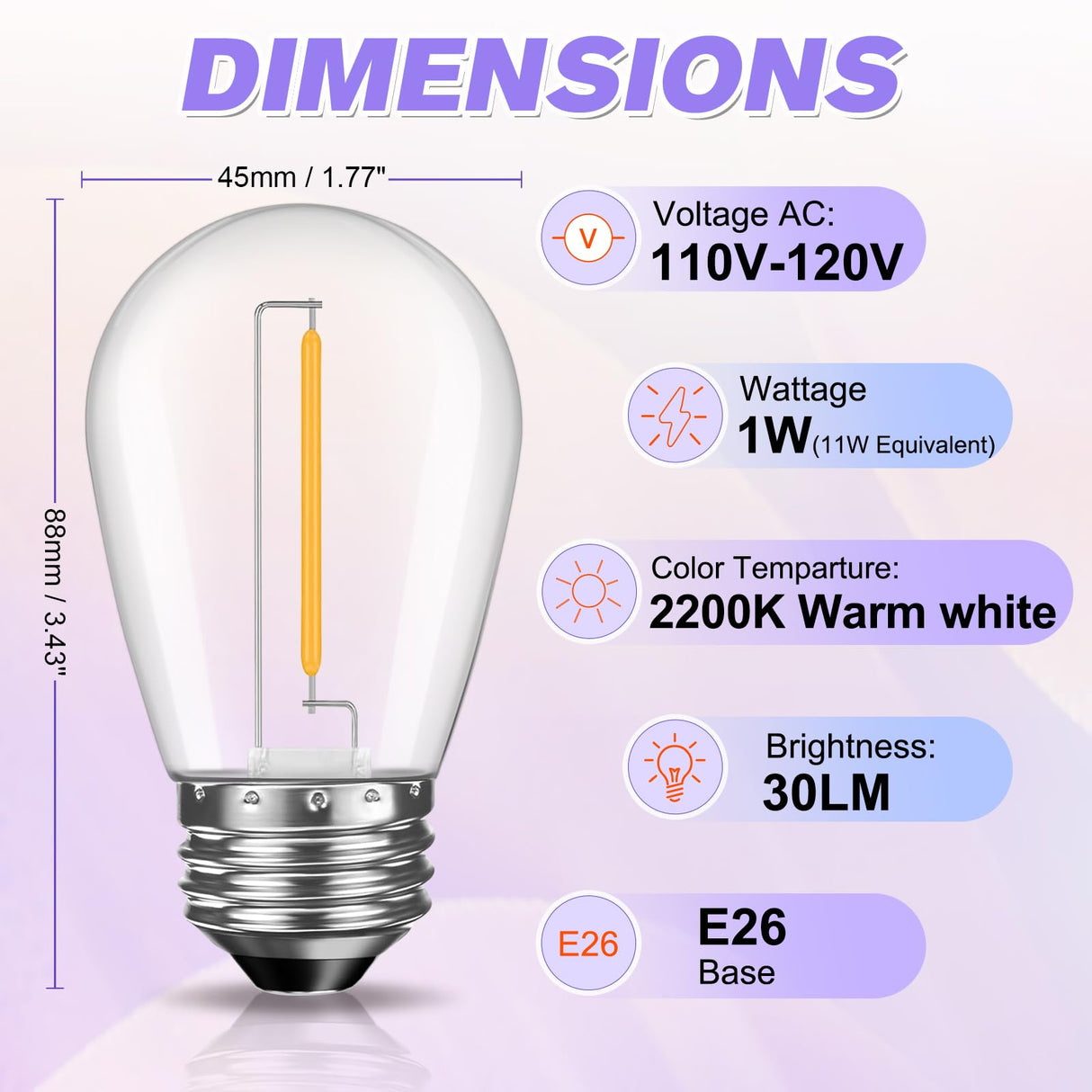 GvvooHome 24 Pack Shatterproof S14 LED Replacement Bulbs for Outdoor String Lights, 1W Equivalent to 11W Incandescent Bulb, Soft White 2200K, Dimmable, E26 Regular Medium Screw Base