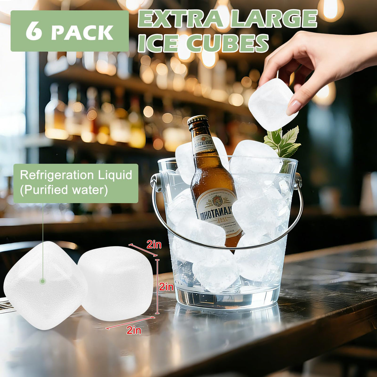 Extra Large Reusable Ice Cubes for Drinks(2” Sq.) - 6 Pack BPA-Free Plastic Ice Cube for Coolers- Chills Drinks Without Diluting Suitable for Large Containers, Water Pitchers