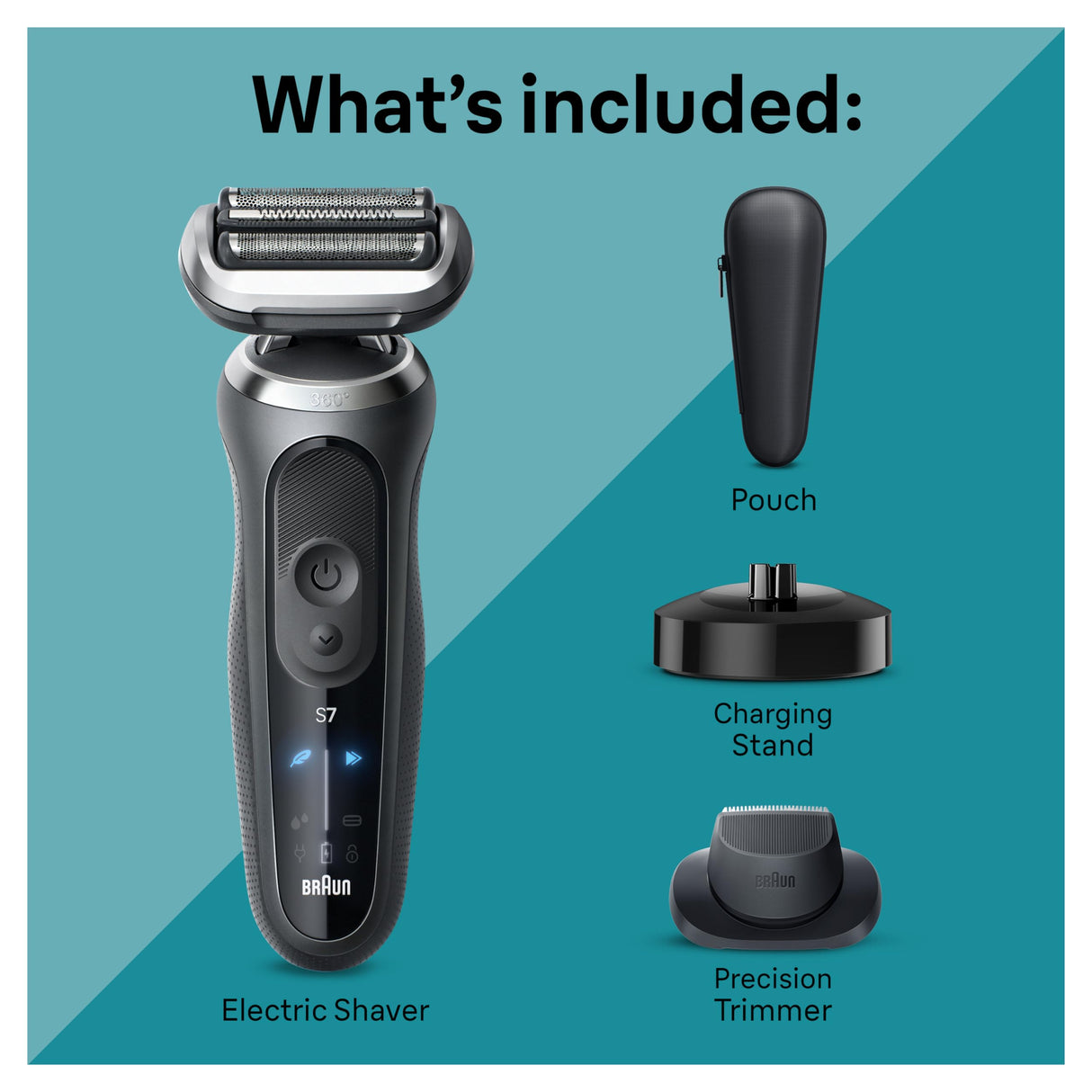 Braun Electric Shaver for Men, Series 7 7127cs, Wet & Dry Shave, Turbo & Gentle Shaving Modes, Waterproof Foil Shaver, Engineered in Germany, with Beard Trimmer, Charging Stand, Space Grey