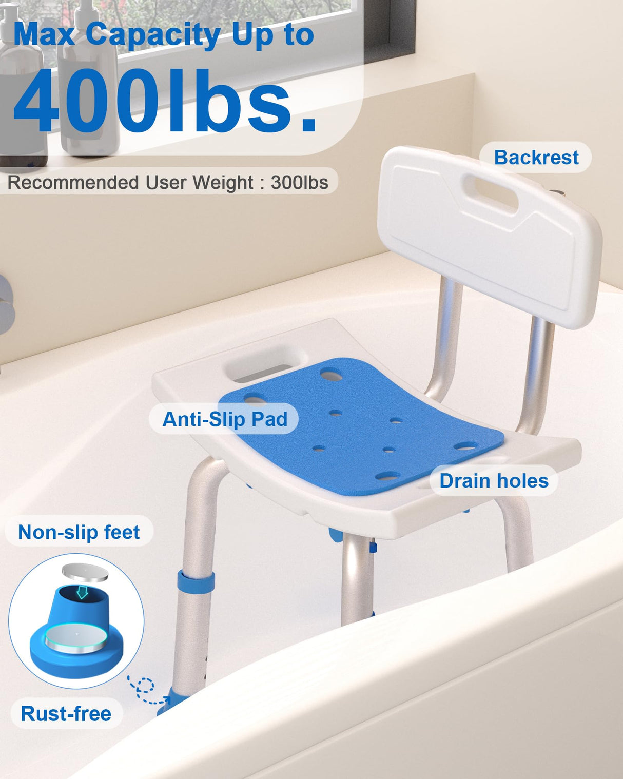 HOMLAND Shower Chair for Inside Shower with Removable Back, FSA/HSA Eligible 400 lbs Heavy Duty Bath Seat for Bathtub, Safety Bath Stool for Seniors and Disabled