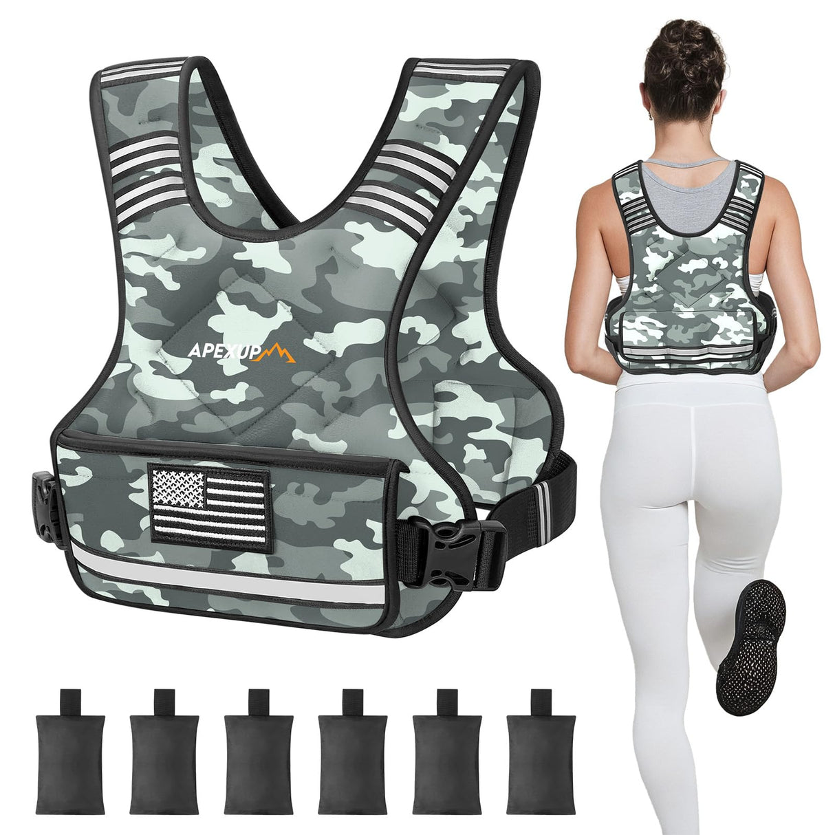 APEXUP Adjustable Weighted Vest, 4-10lb/12-18lb/20-32lb Vest with 6 Ironsand Weights and Large Pocket, Weight Vest for Men Women Strength Training, Running, Walking (4-10lb, Grey Camo)