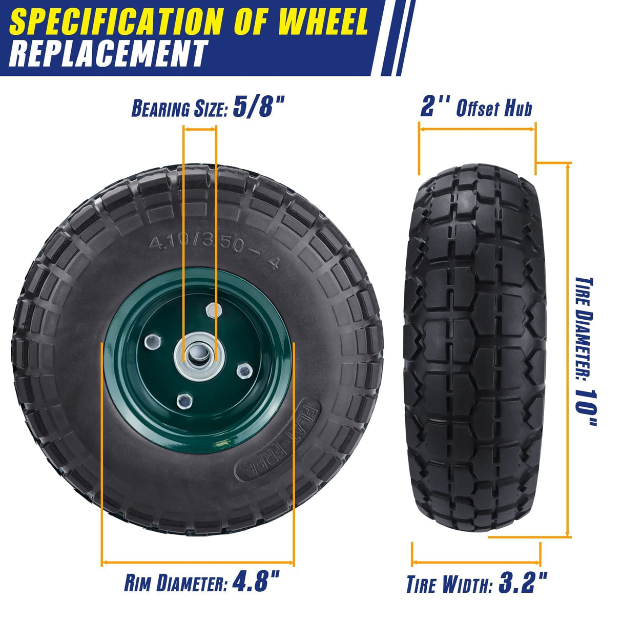 2 Pcs 10" Flat Free Tires Solid Pneumatic Tires Wheels, 4.10/3.50-4 Air Less Tires with 5/8 Center Bearings, for Wheelbarrow/Trolley Dolly/Garden Wagon Carts/Hand Truck/Wheel Barrel/Lawn Mower, 2 Pack