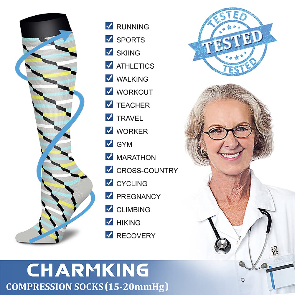 CHARMKING Compression Socks for Women & Men (8 Pairs) 15-20 mmHg Graduated Copper Support Socks are Best for Pregnant, Nurses - Boost Performance, Circulation, Knee High & Wide Calf (L/XL,Multi 10)