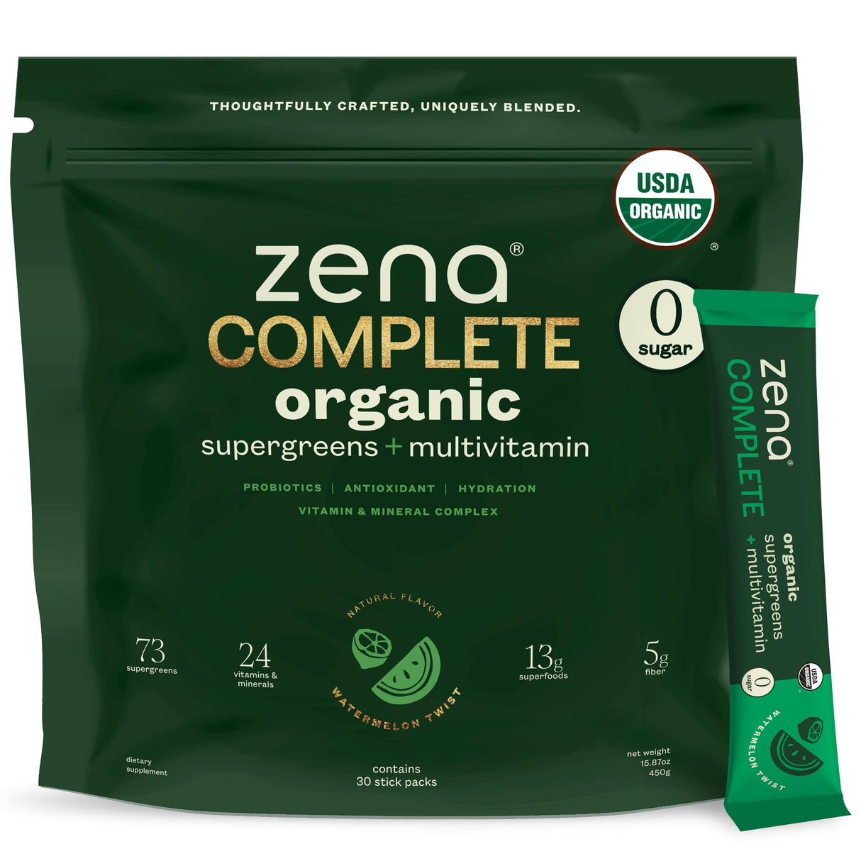 Zena Complete Organic Super Greens Powder & Multivitamin, 90+ Supergreens, Fruits, Veggies, 0 Sugar, 5G Fiber, Pre & Probiotics, Watermelon Citrus Flavor, 30 Packets