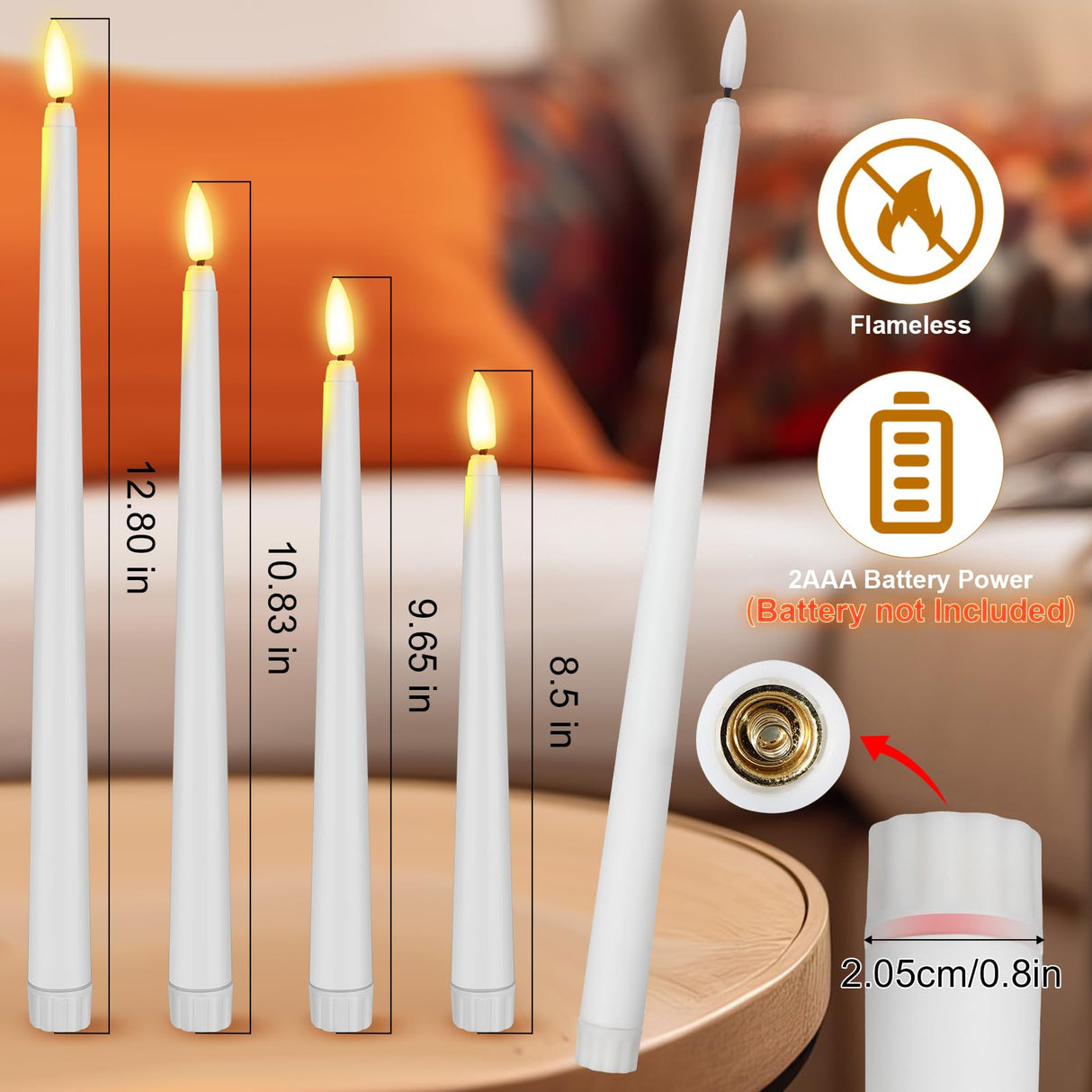 Rossesay 24 Pcs Flameless LED Taper Candles Battery Operated Candles 8.58'', 9.69'', 10.98'', 12.91'', 12.8'' Flameless Candlesticks Flickering for Halloween Christmas Church Wedding(White)