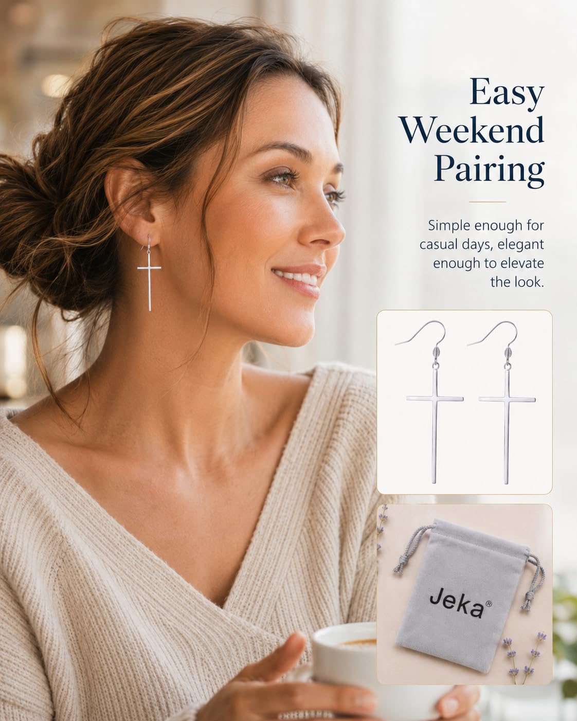 Jeka Cross Earrings for Women, Drop Earrings Christmas Christian Gifts