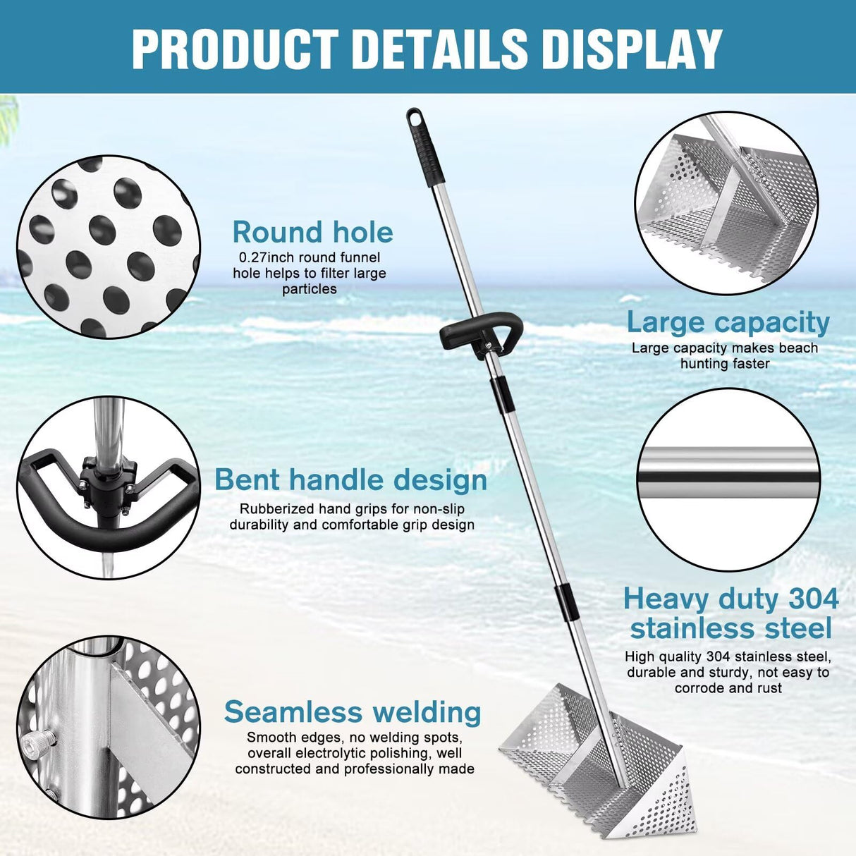 Sand Flea Rake for Beach - Detachable 47" Long Handle Sand Sifter Heavy Duty Stainless Steel Sand Scoop with 16" Width Basket Metal Detecting Tool with Anti Slip Handle for Collecting Shark Teeth