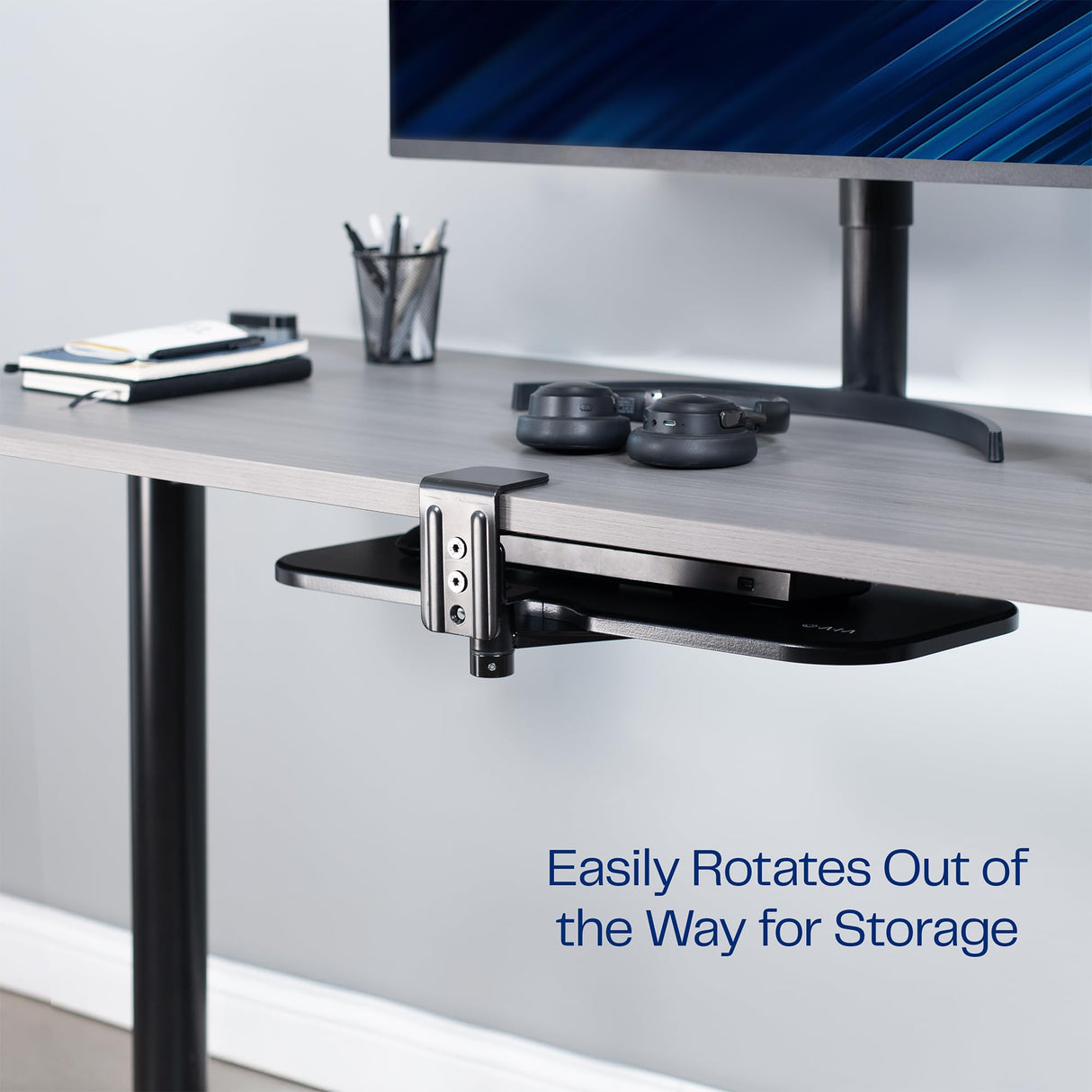 VIVO Clamp-on 23 x 10 inch Rotating Computer Keyboard and Mouse Tray, Extra Sturdy Desk Swivel Clamp, Ergonomic Typing, Black, MOUNT-KB04CB