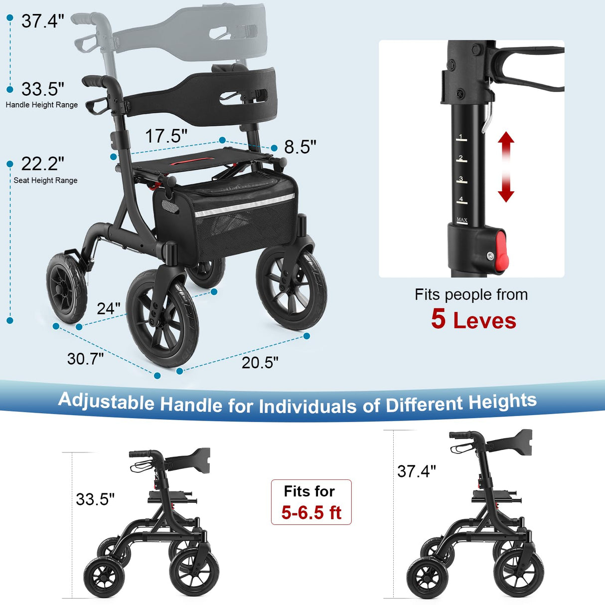 MAXWALK Walkers for Seniors, Rollator Walker with Seat, 12" Big Rubber Wheels All Terrain Rollator Walker with Backrest, Built-in Cable, Cup Holder, Foldable and Height Adjustment for Seniors, Black