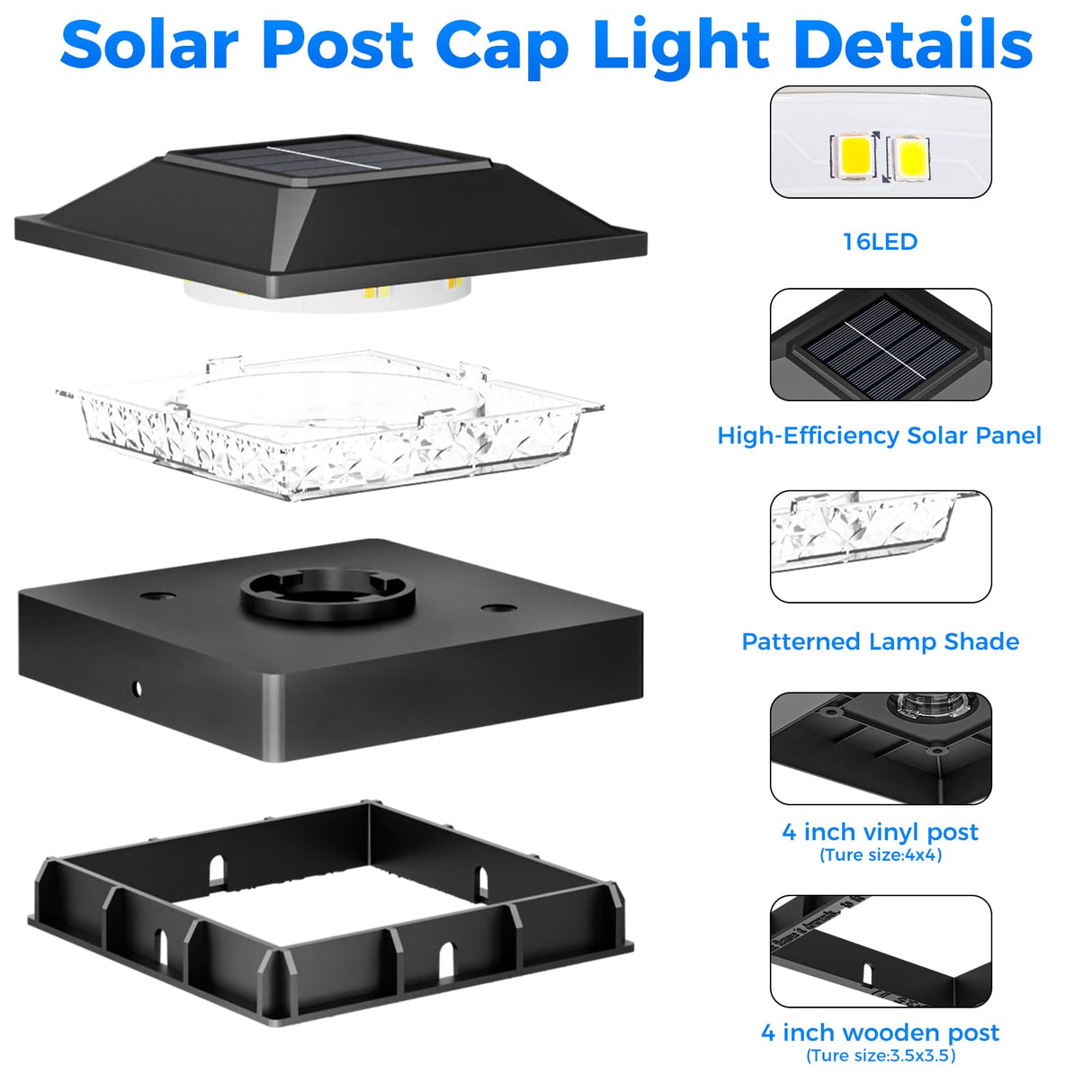 Peasur 4x4 Solar Post Cap Light 10 Pack, 2 Modes 16 LED Fence Deck Post Lights Waterproof, Black Post Lights Solar Powered Outdoor, Fit 4x4, 3.5x3.5 Wood/Vinyl Posts for Porch Fence