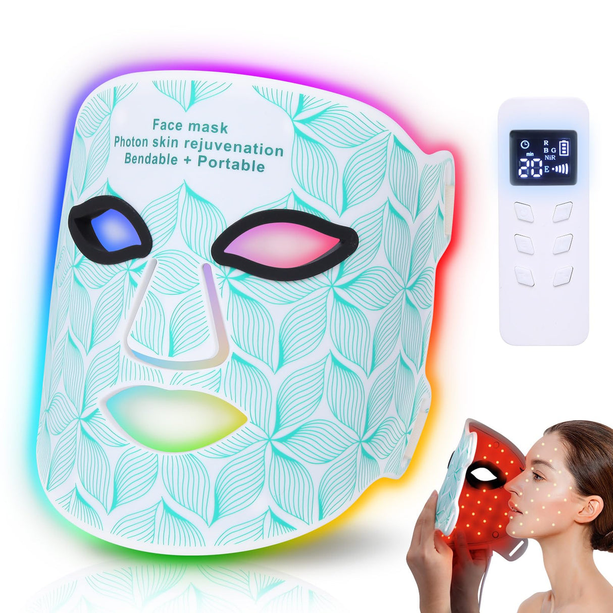 biuufish Red Light Therapy for Face, 7+1 Colors LED Face Mask Light Therapy with 850NM Near-infrared, Portable Rechargeable Red Light Therapy Mask Skin Care Device at Home and Travel for Anti-Aging