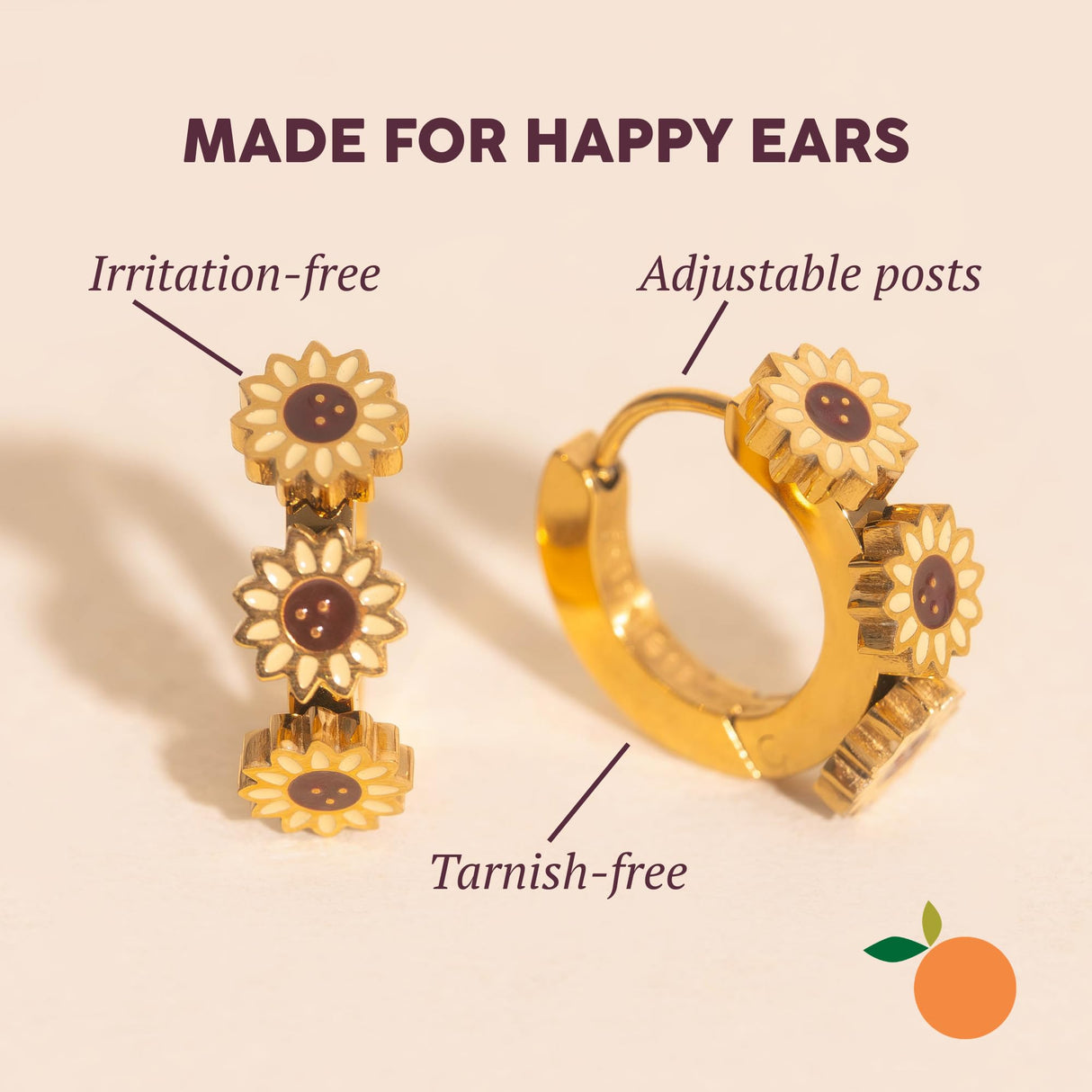 Oh Clementine 3D Sunflower Huggie Hoop Adjustable Clasp Earrings for Women- 316L Stainless Steel with 18k PVD Gold Coating