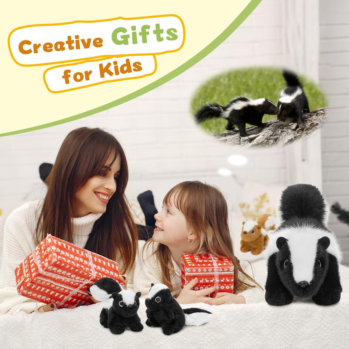 MaoGoLan 4Pcs Giant Skunk Stuffed Animal, Kawai Mother Skunk Plush Toy with 3 Small Baby Skunk Plushies Inside, 22" Snuggle Stuffed Skunk for Kids Woodland Animal Lovers, Christmas Birthday Gift
