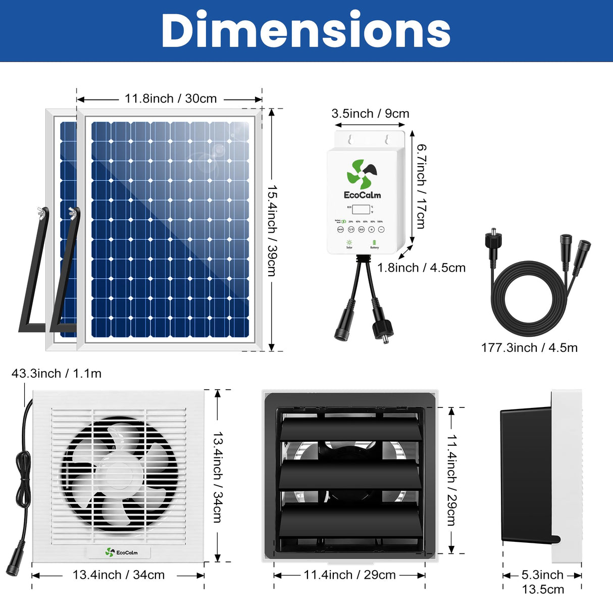 ecoCalm Solar Fan 10" with Smart Thermostat and Battery for Greenhouse