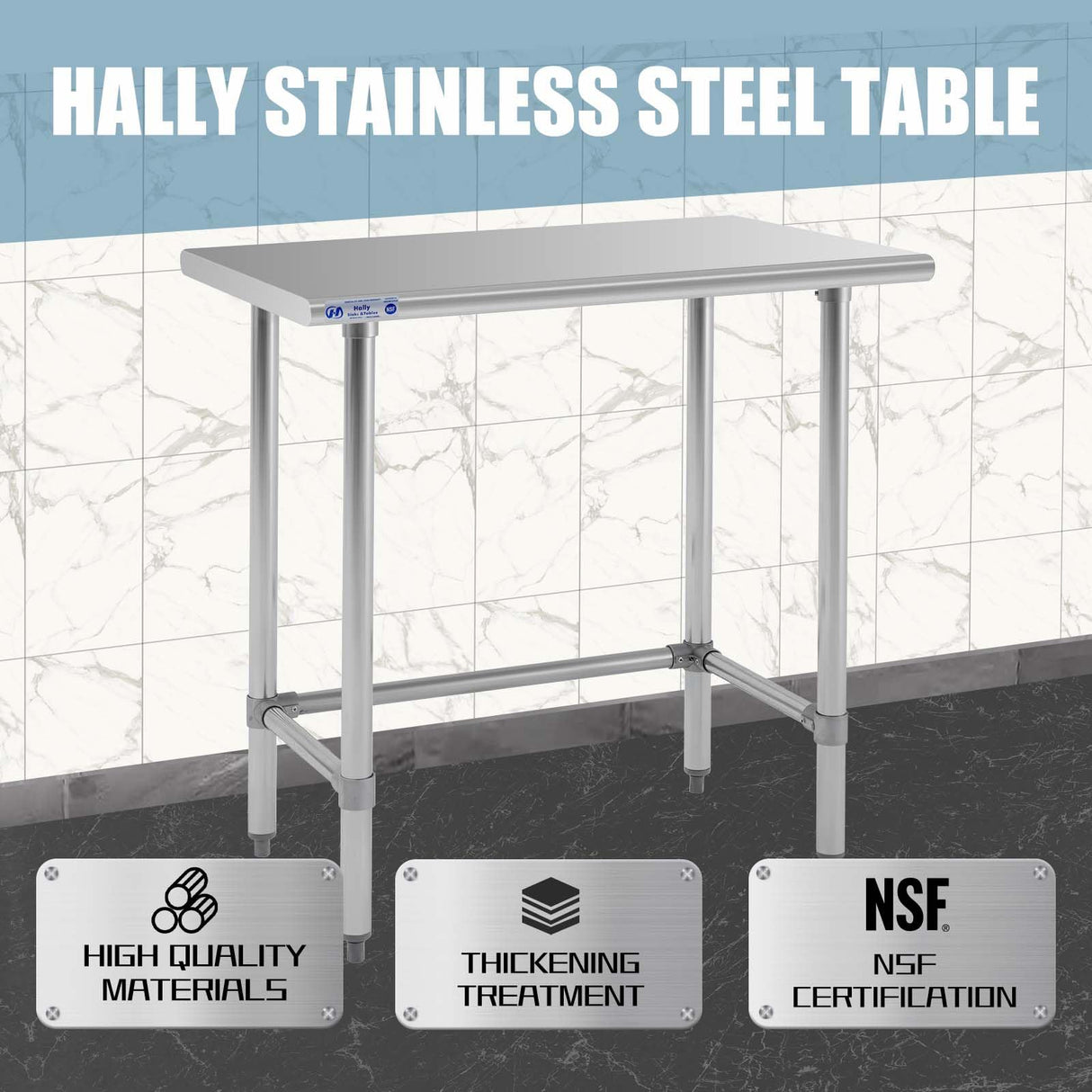 Hally Open Base Stainless Steel Table 24 x 36 Inches, NSF Commercial Heavy Duty Prep & Work Table with Galvanized Legs for Restaurant, Home and Hotel