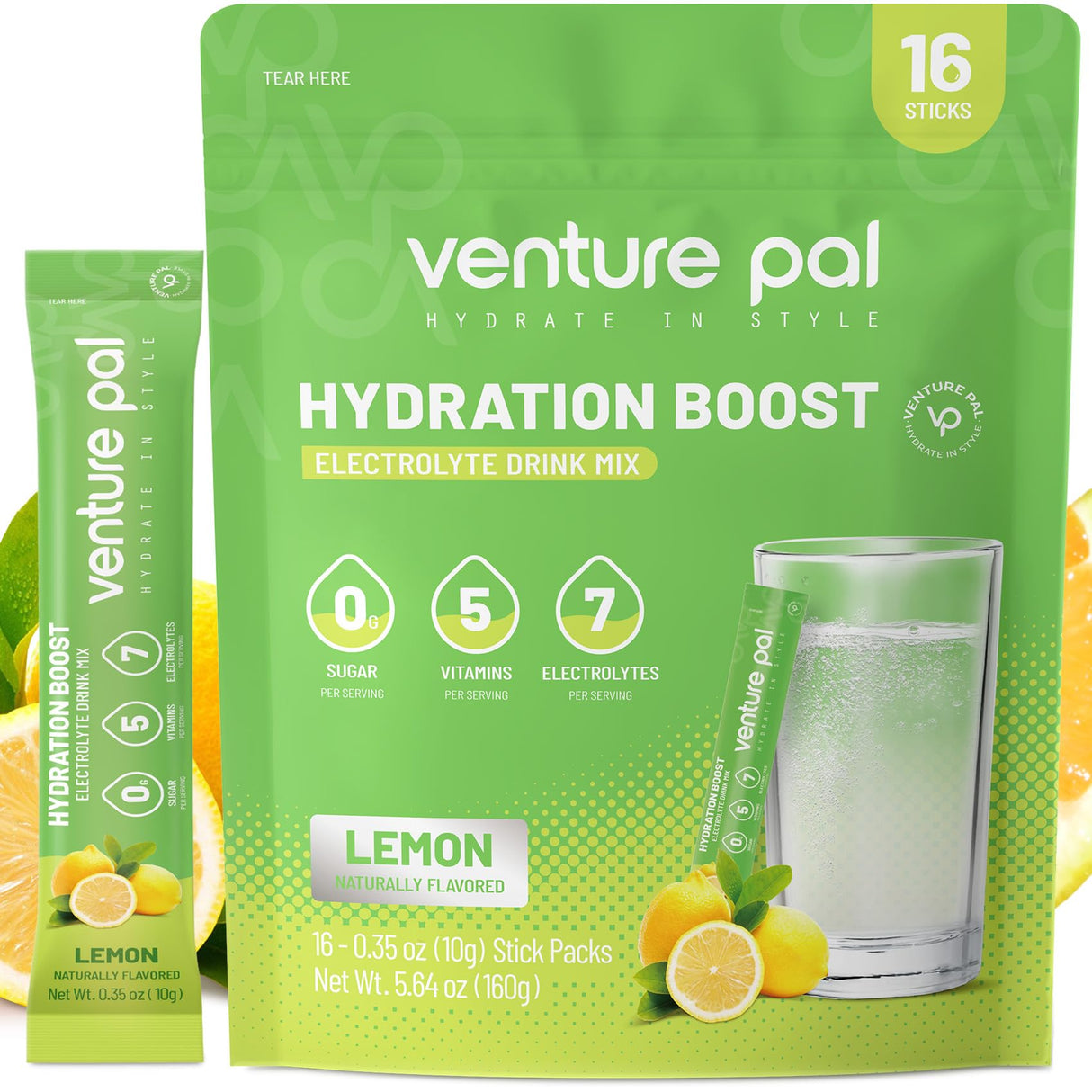 Venture Pal Sugar Free Electrolyte Powder Packets - Liquid Daily IV Drink Mix for Rapid Hydration & Party Recovery | 5 Vitamins & 7 Electrolytes| Keto Friendly | Non-GMO | Certified Vegan | 16 Sticks