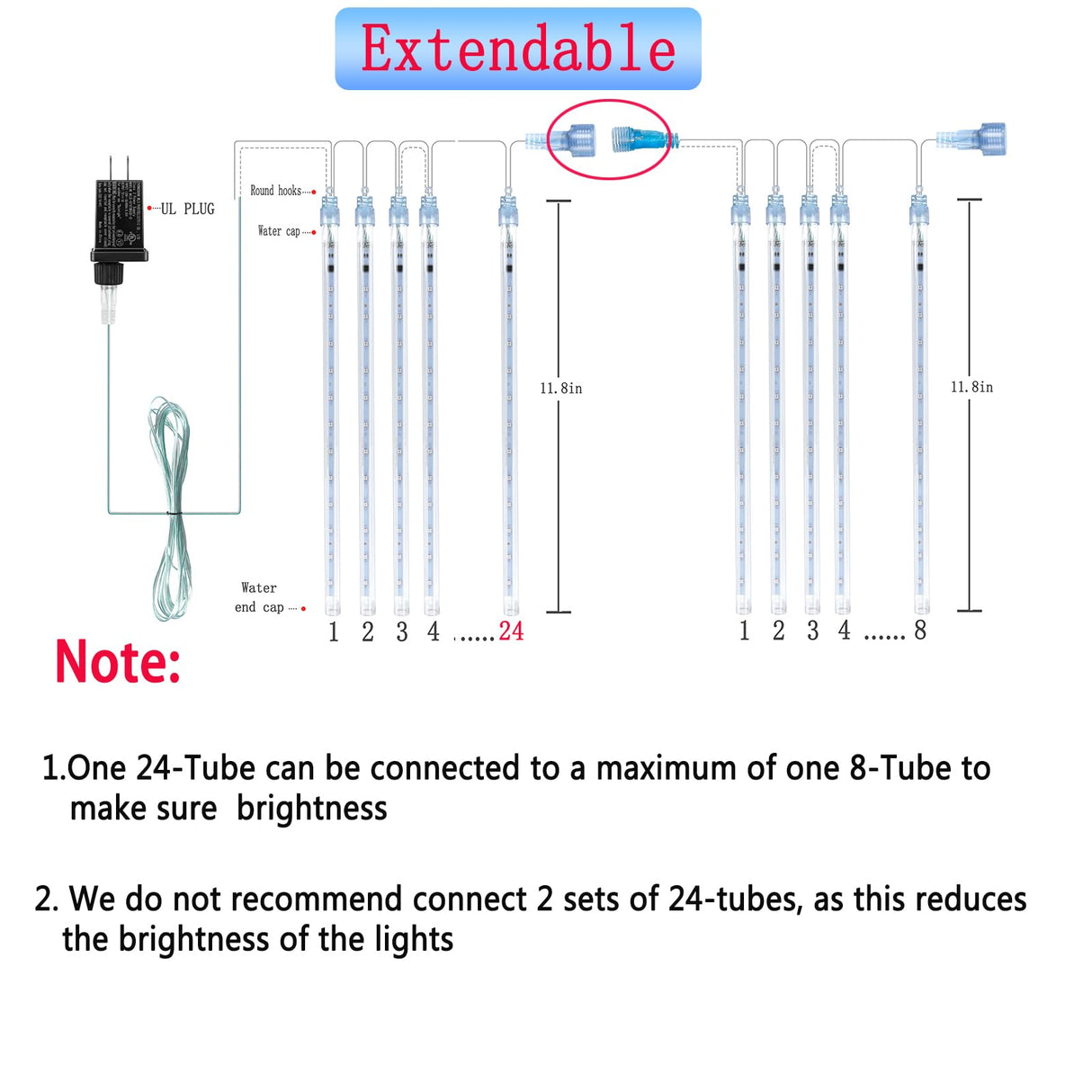 Outdoor Christmas Decorations, 24Tubes Meteor Shower Lights (Equal to 3 Sets of 8-Tubes) Ice Blue LED Icicle Christmas Lights for Halloween Xmas Decorations Tree Party Yard Outdoor