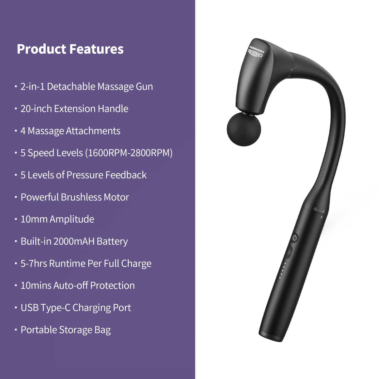 CAREKING 2-in-1 Detachable Muscle Massage Gun Deep Tissue with 20'' Extension Handle, Back and Neck Massager for Pain Relief, Handheld Massager for Shoulder Lower Back Leg Waist, FSA HSA Eligible