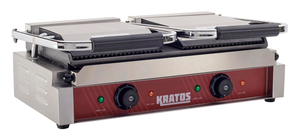 Kratos Commercial Electric Panini Sandwich Grill with Grooved Top and Smooth Bottom Plates, 18.7"x9" Cooking Surface, Commercial Countertop Panini Press, 120V, 3500W (29Y-025)