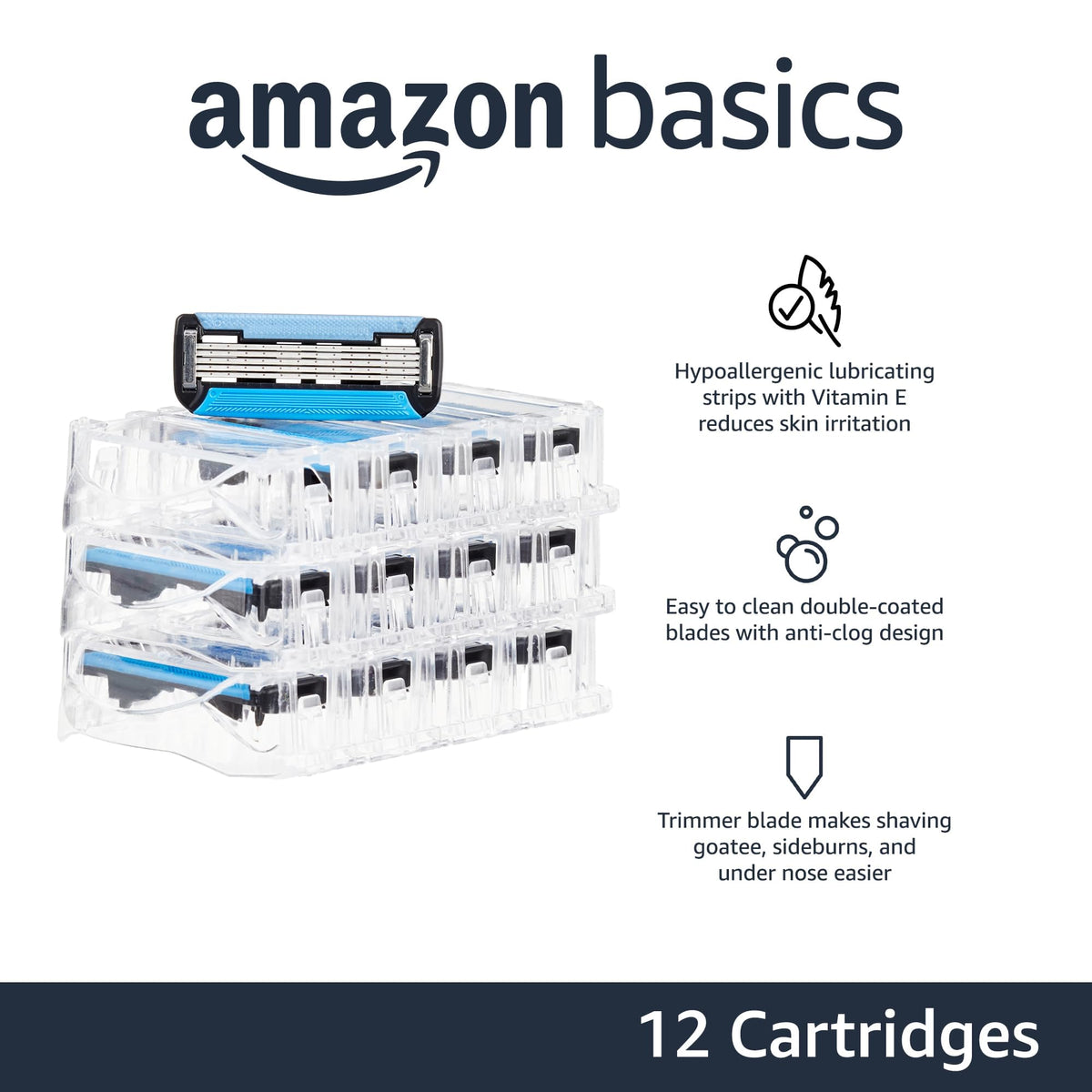 Amazon Essentials 5-Blade Razor Refills for Men with Dual Lubrication and Precision Beard Trimmer, 12 Cartridges (Fits Amazon Essentials Razor Handles only) (Previously Amazon Basics)