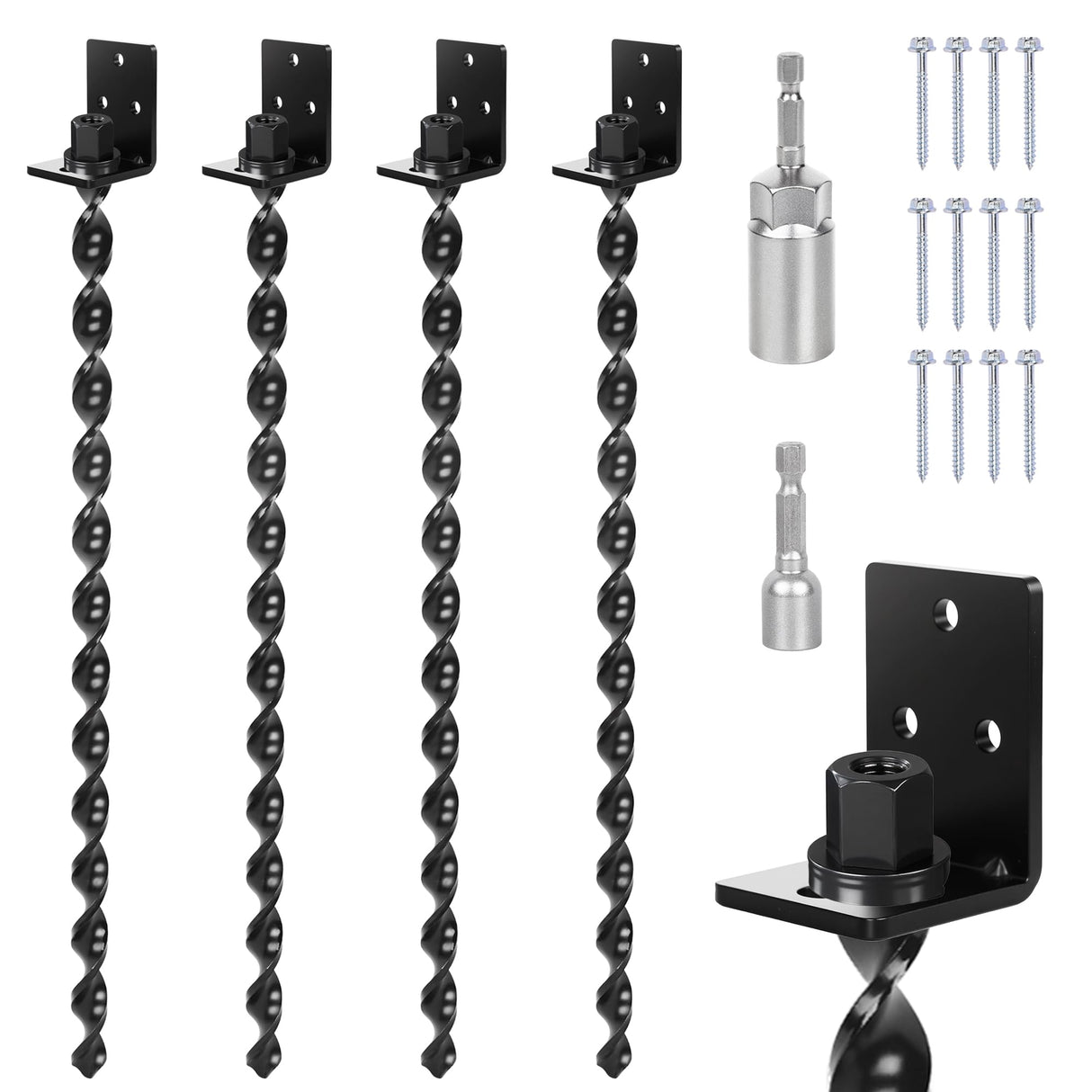24" Heavy Duty Ground Anchors Screw in, Set of 4 Mobile Home Anchors, Multi-Purpose Earth Anchors with Brackets and Adapter for Drill, Ideal for Mobile Homes, Storage Sheds and Carports(Black)