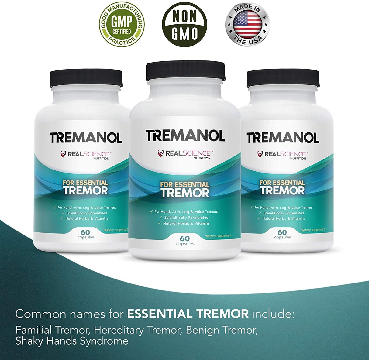 Tremanol Natural Aid for Essential Tremor - Provides Tremor Relief for Shaky Hands, Arm, Leg And Voice (Pack of 3 Of 60 Capsules Each)