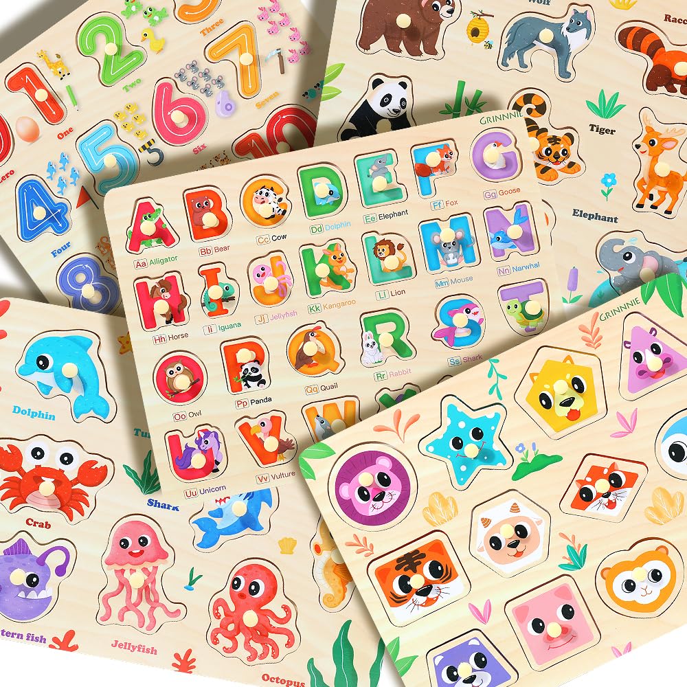 GRINNNIE Wooden Puzzles for Toddlers 3 4 5 Years Old, Montessori Toddler Toys 5PCS Peg Puzzles with Knob - Number, Alphabet, Shape, and Animal, Great Christmas Birthday Gifts for Boys Girls