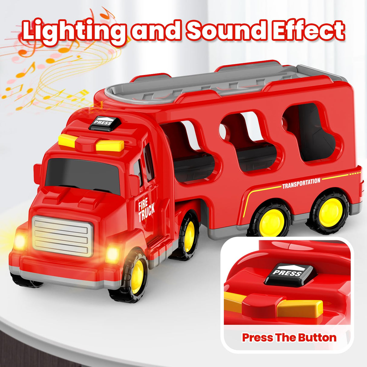 FunMission Toddlers Fire Truck for Kids 3-9 Year Old,5 in 1 Friction Power Vehicle Car for 3 4 5 6 7 Years Old Boys Girls,Carrier Truck Transport Toys for Christmas and Birthday Gifts