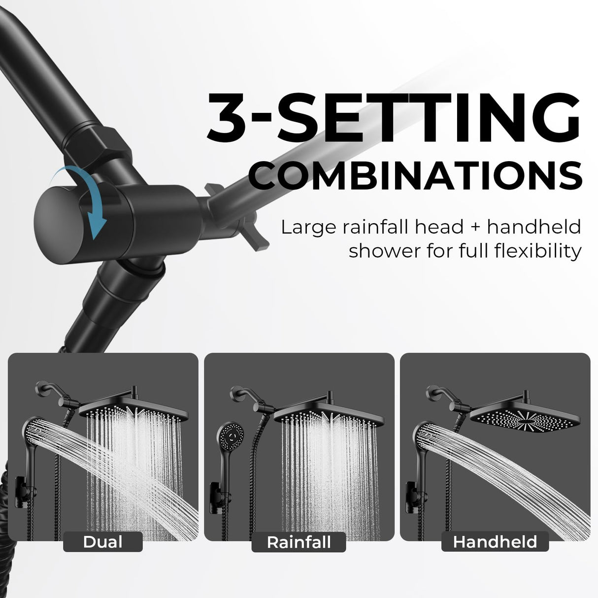 Seacity Wide Rain Shower Head With 5 Modes Handheld Showerheads, High Pressure Showerhead Combo with Extension Arm for Bathroom Accessories, Adjustable Shower Head with Anti-Clog Nozzles (Black)