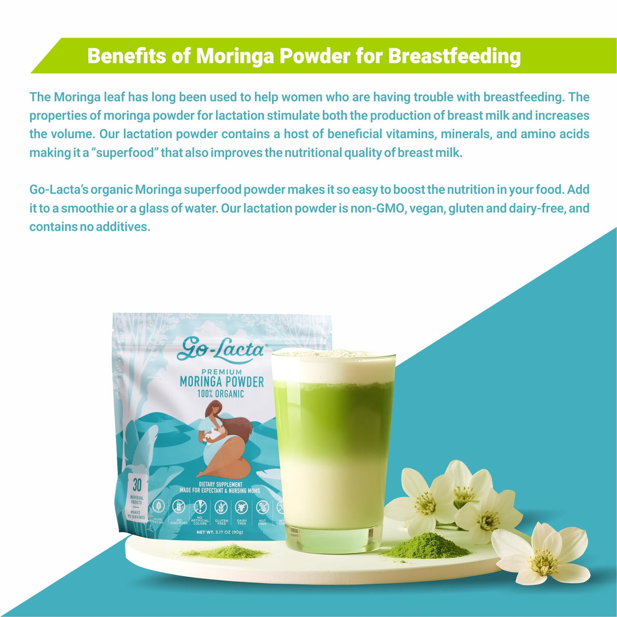 Go-Lacta® Super Moringa Powder: Boost Breast Milk Naturally! 30 3g Packets of Pure Organic Moringa - Perfect for Moms, 100% Vegan
