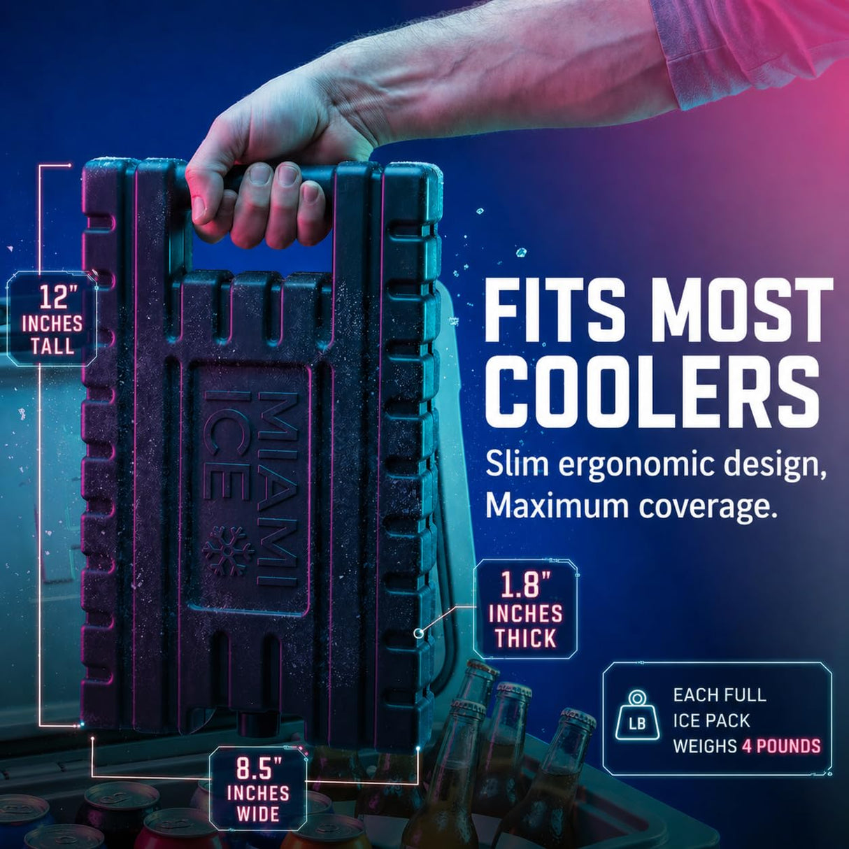 Miami Ice Reusable XL Cooler Ice Pack (12"x9") | Replaces 7 lbs of Ice, Stays Cold up to 96 Hours, BPA-Free, Built-in Handle, Large Frozen Ice Packs for Cooler (2-Pack)