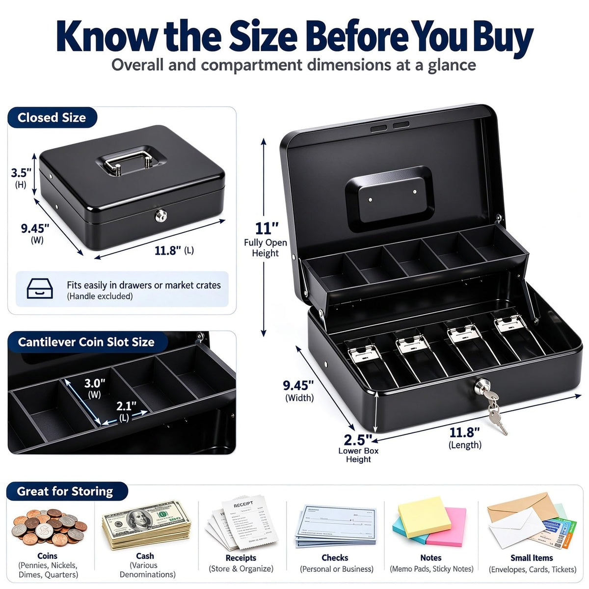 KYODOLED Cash Box with Money Tray and Key Lock, 1mm Thick Metal Cash Drawer